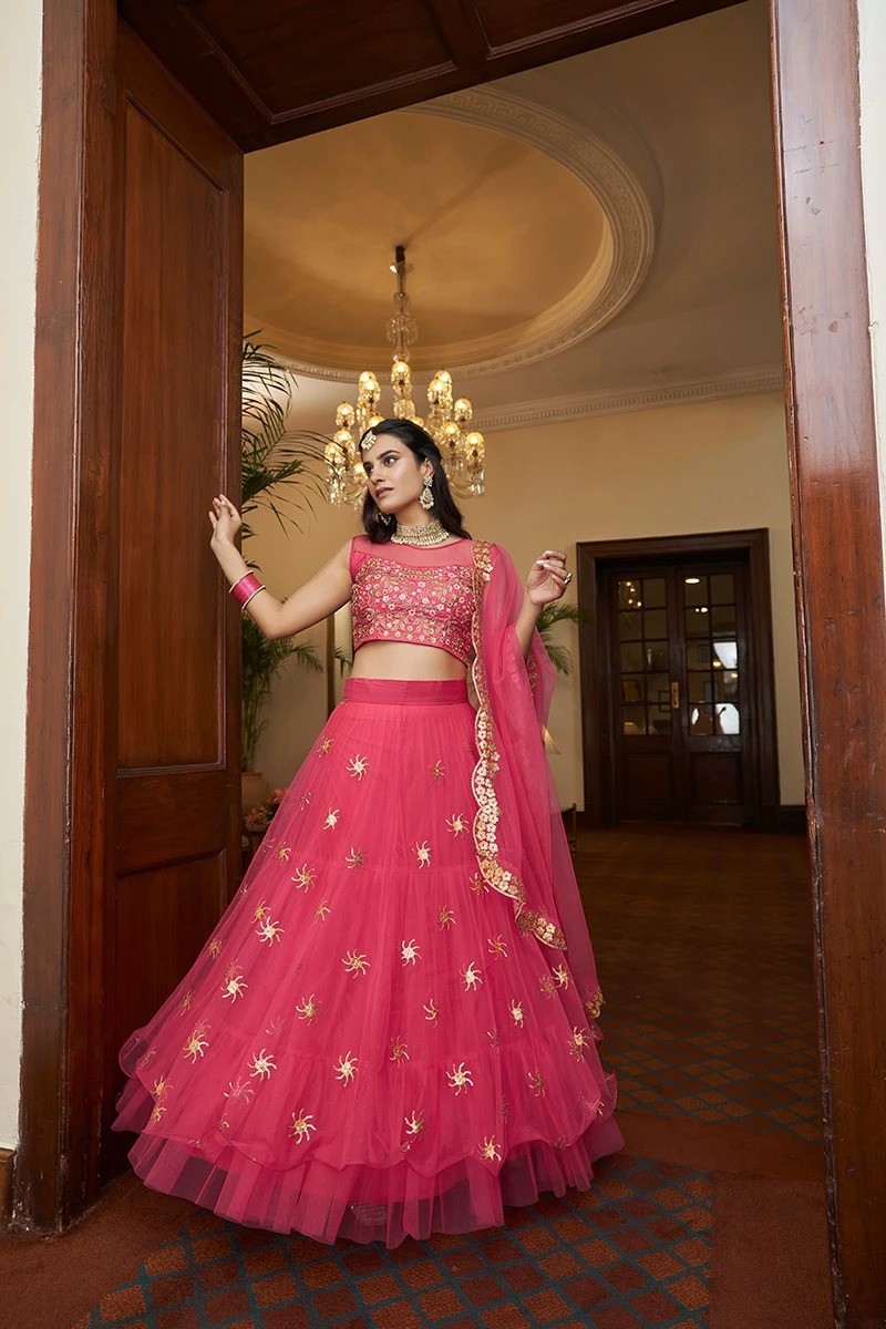 Embroidered Lehenga Choli in Bright Pink with Threadwork