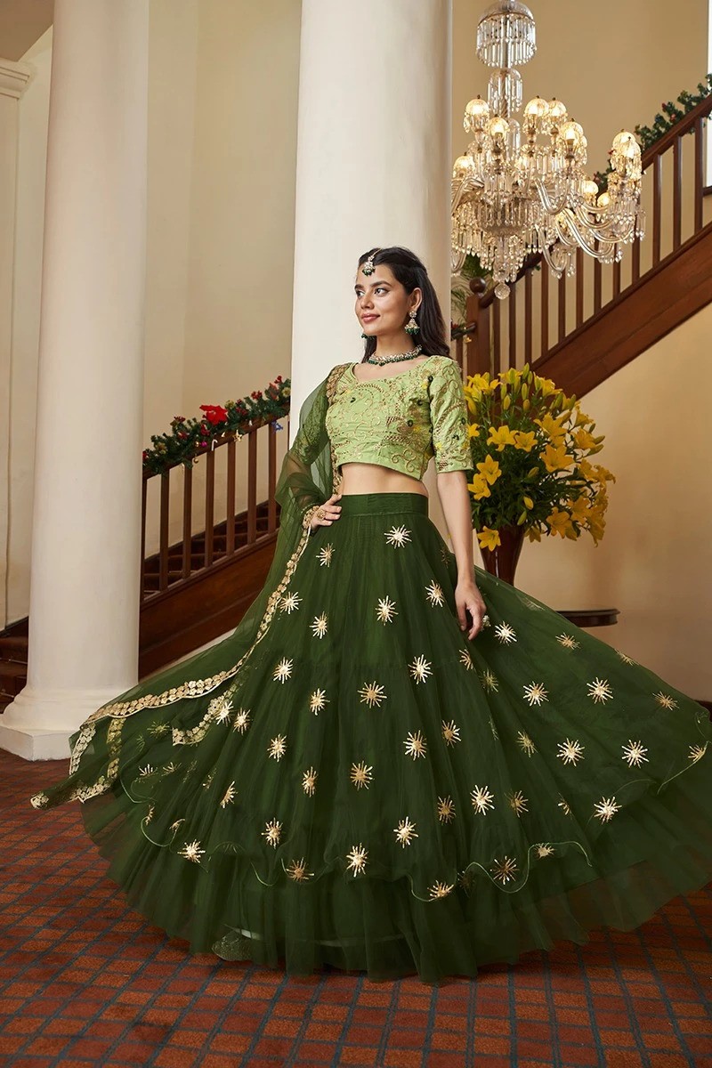 Thread work Embroidered Lehenga Choli in Mehendi Green