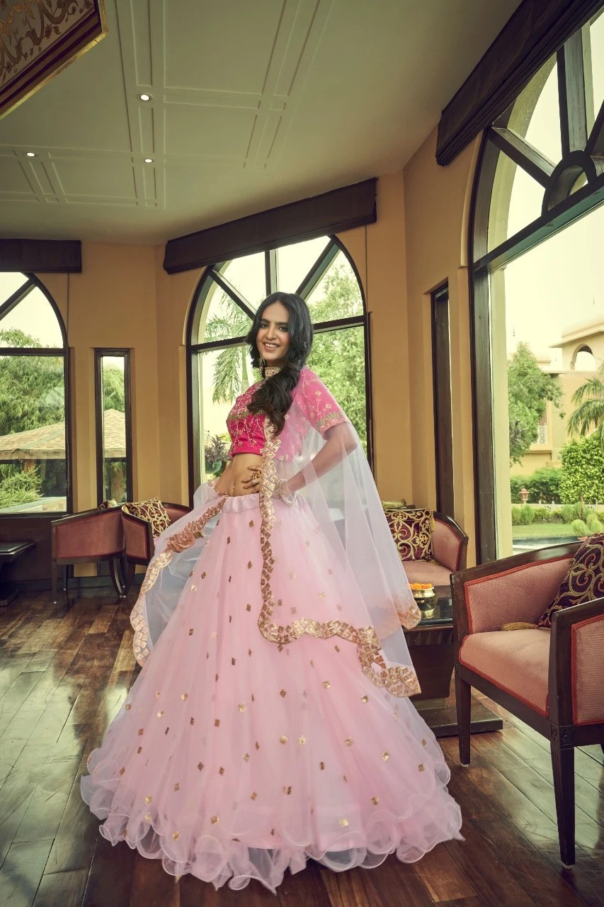 Flowy Net Lehenga Choli with Baby Pink Embroidery Work