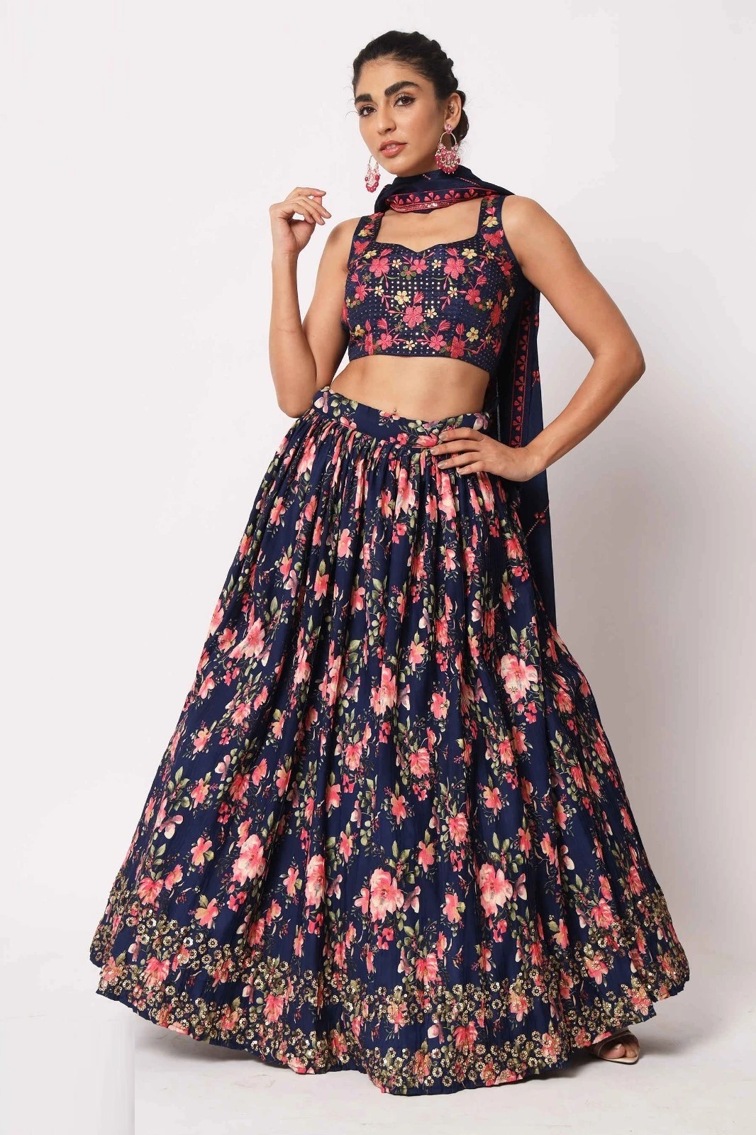 Printed Art Silk Lehenga Choli in Navy Blue Floral