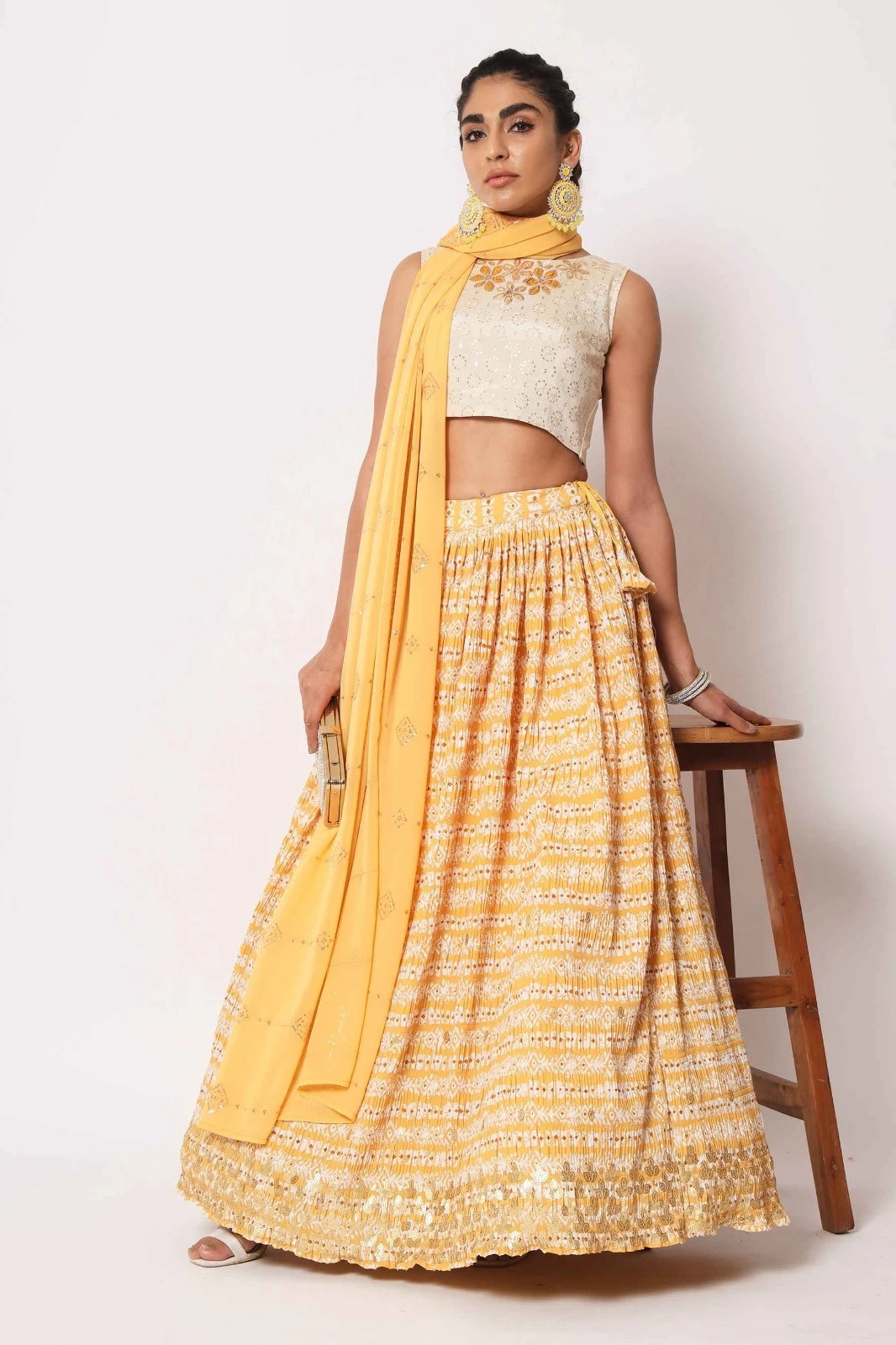 Printed Art Silk Lehenga Choli in Yellow Floral