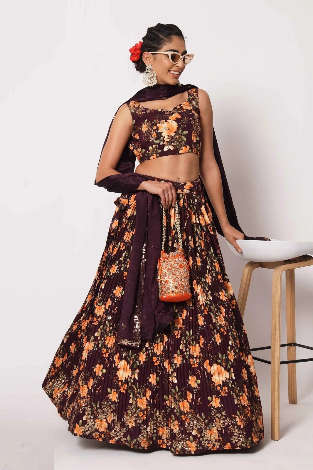 Floral Printed Art Silk Lehenga Choli in Radiant Purple