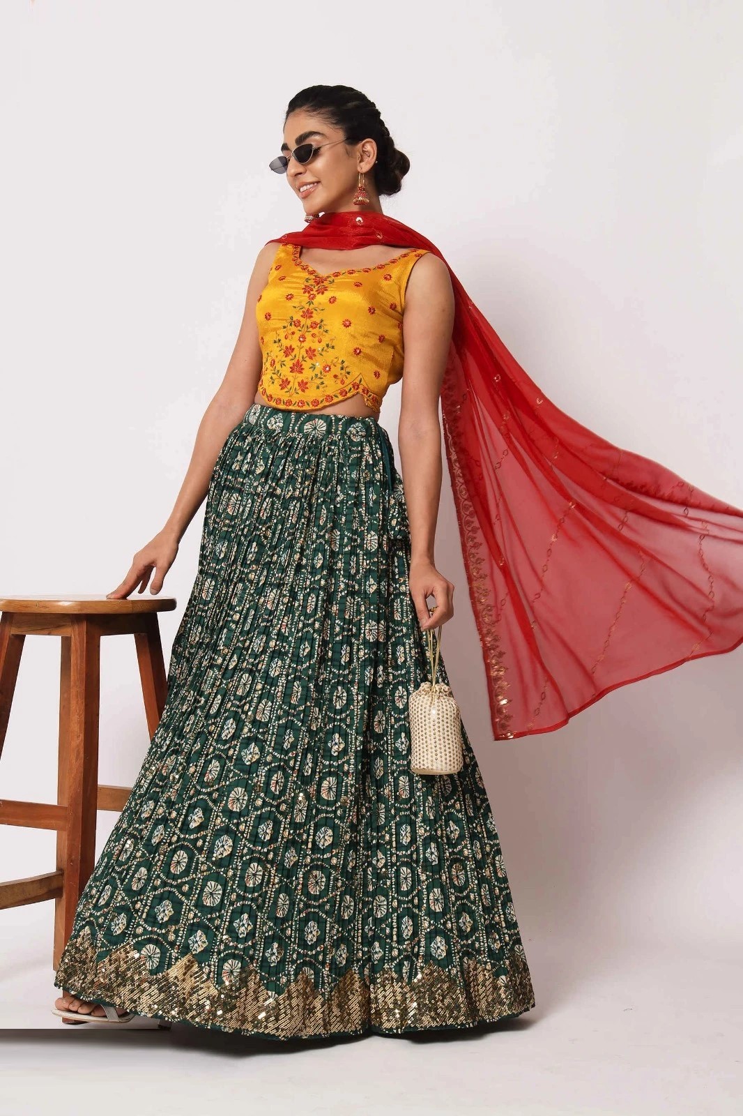 Floral Printed Art Silk Lehenga Choli in Green