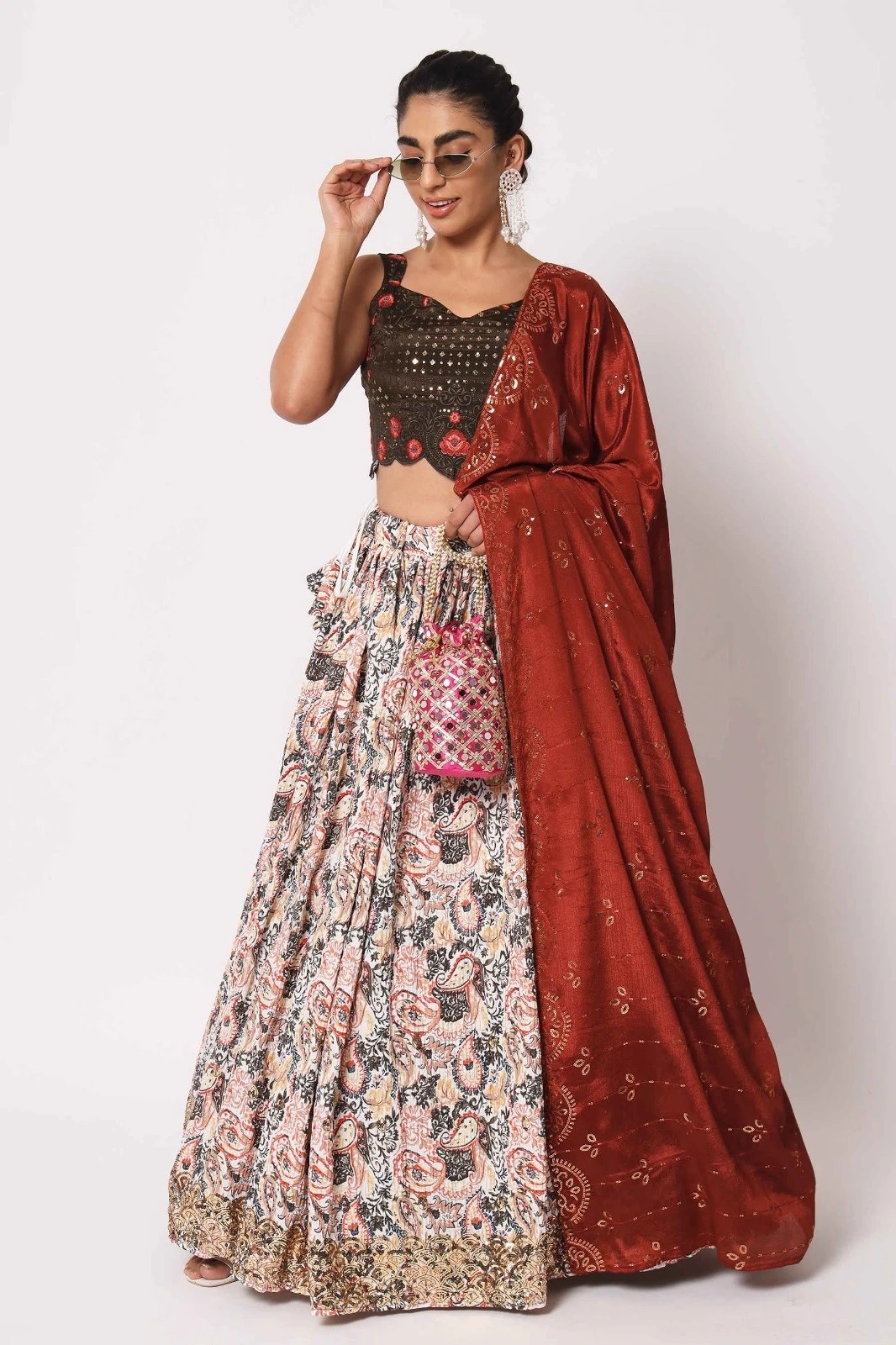 Art Silk Lehenga Choli with White Floral Print