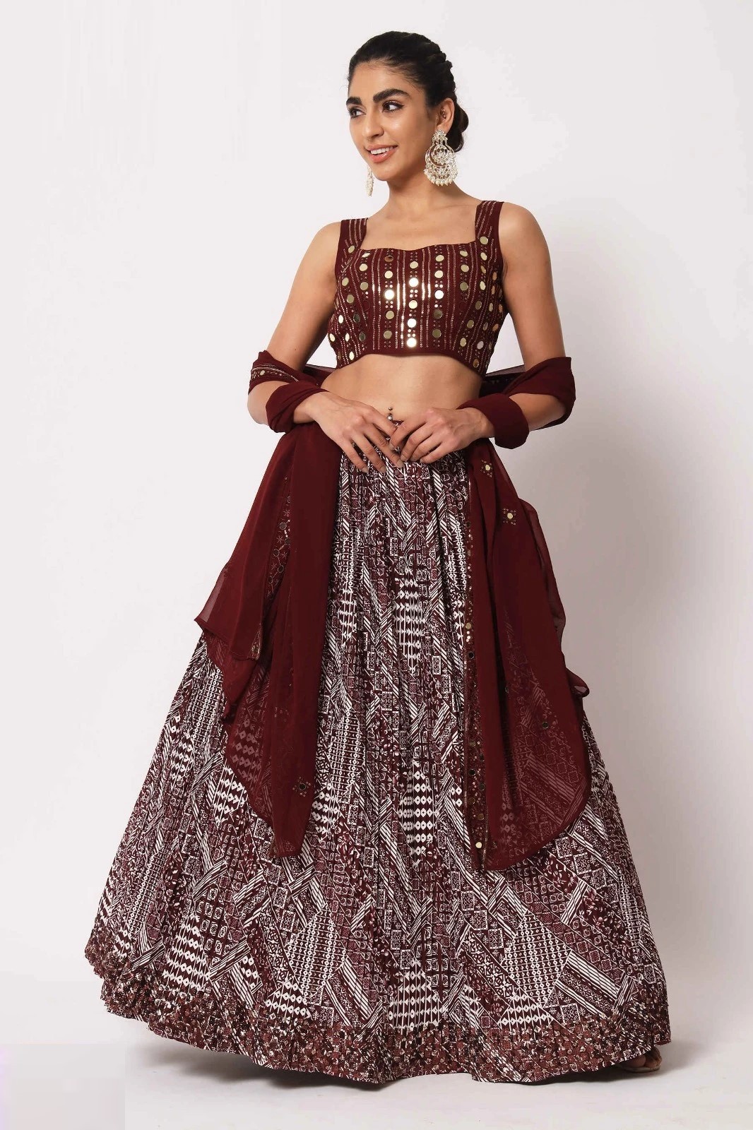 Printed Art Silk Lehenga Choli in Floral Maroon