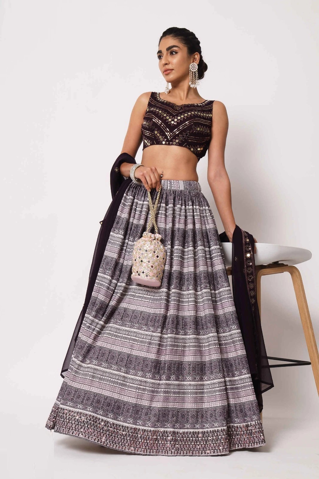 Floral Printed Art Silk Lehenga Choli in Dark Purple