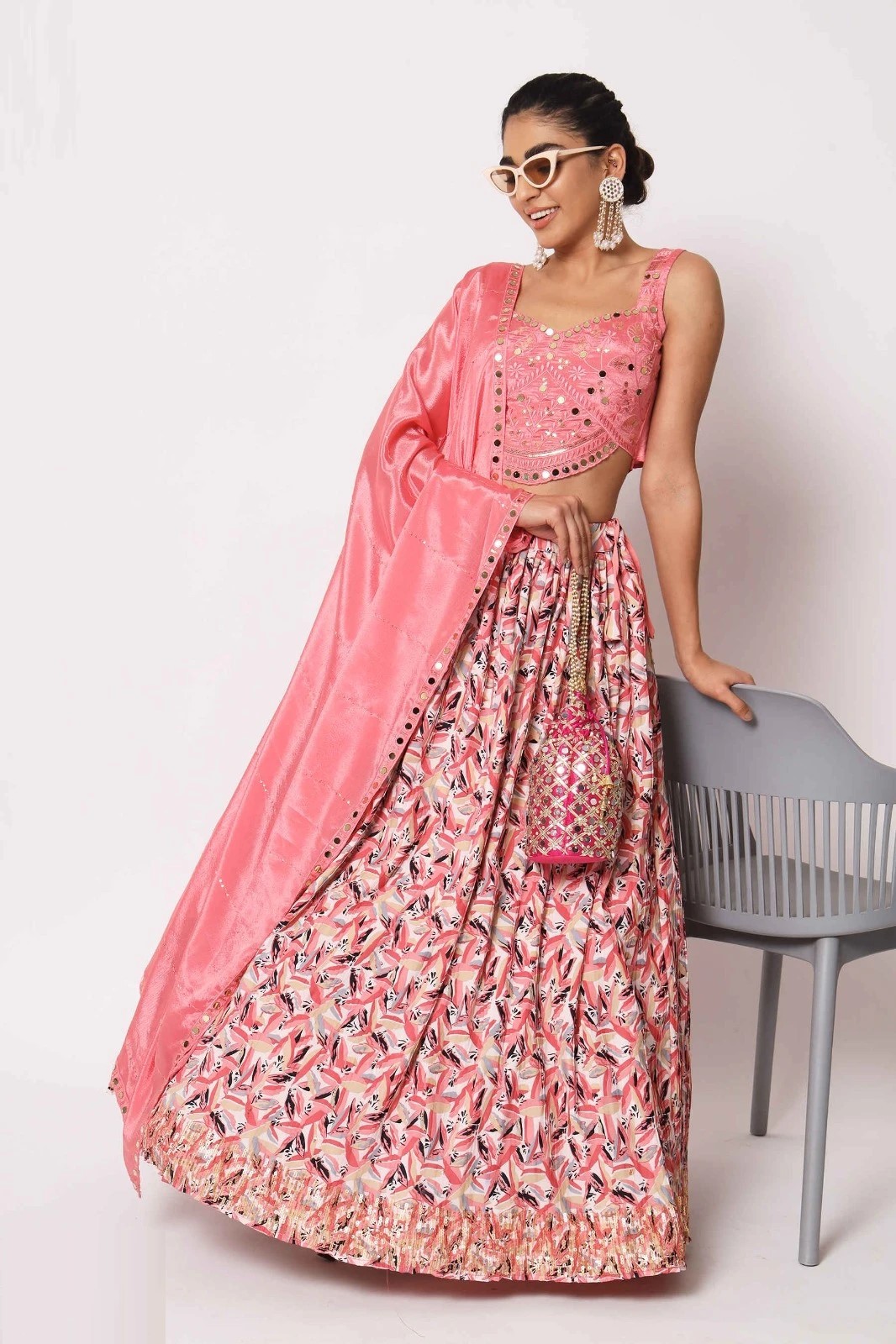 Floral Printed Pink Art Silk Choli Lehenga