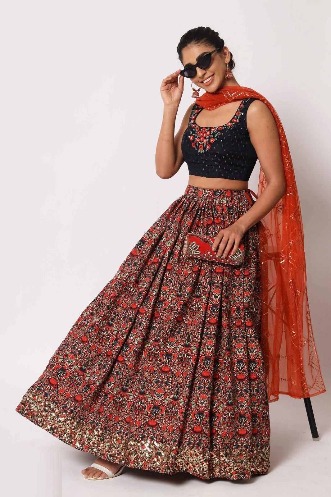 Navy Floral Lehenga Choli Printed Art Silk