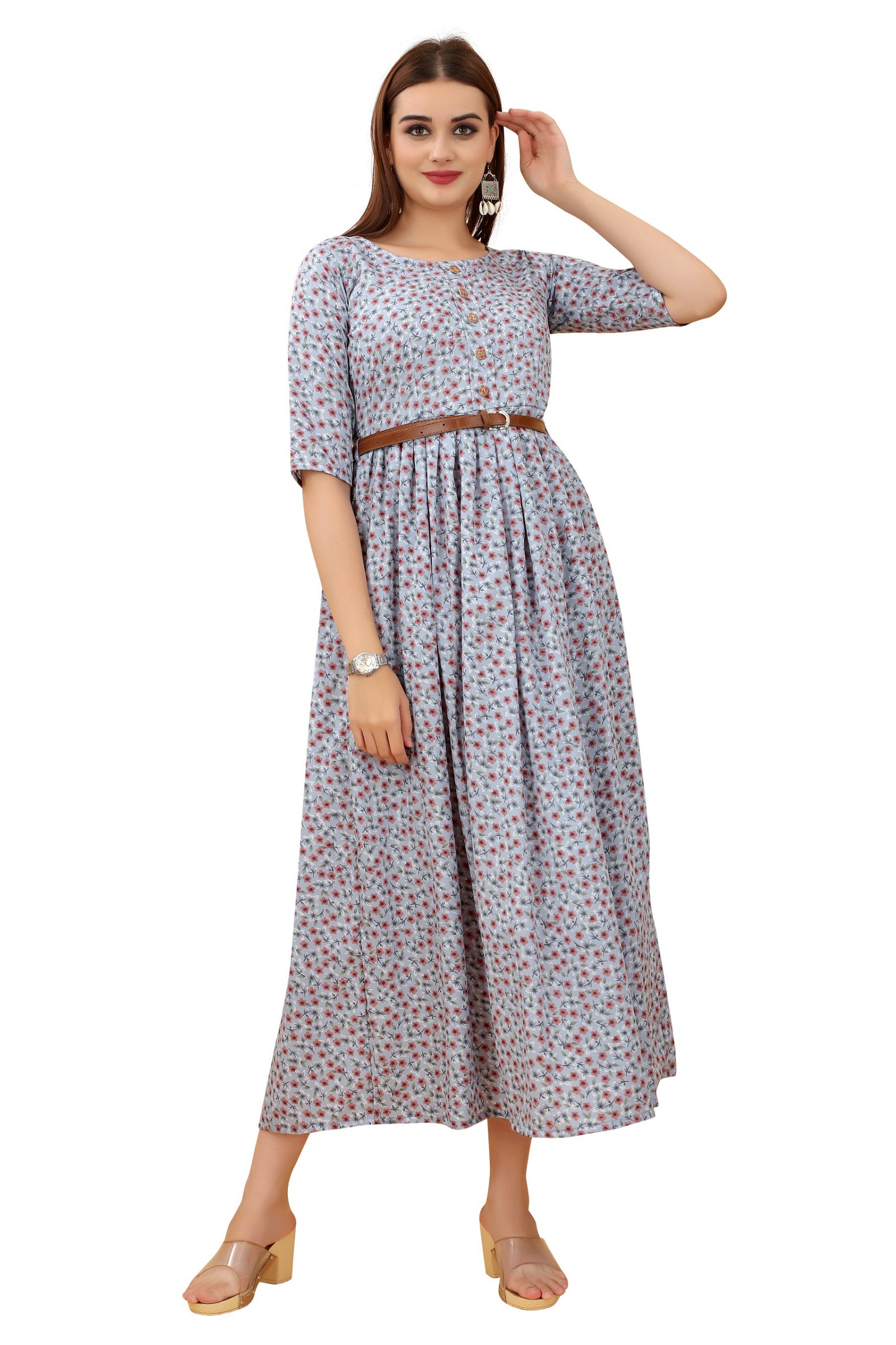 Women's Casual Wear Grey Color Printed Crepe Dress