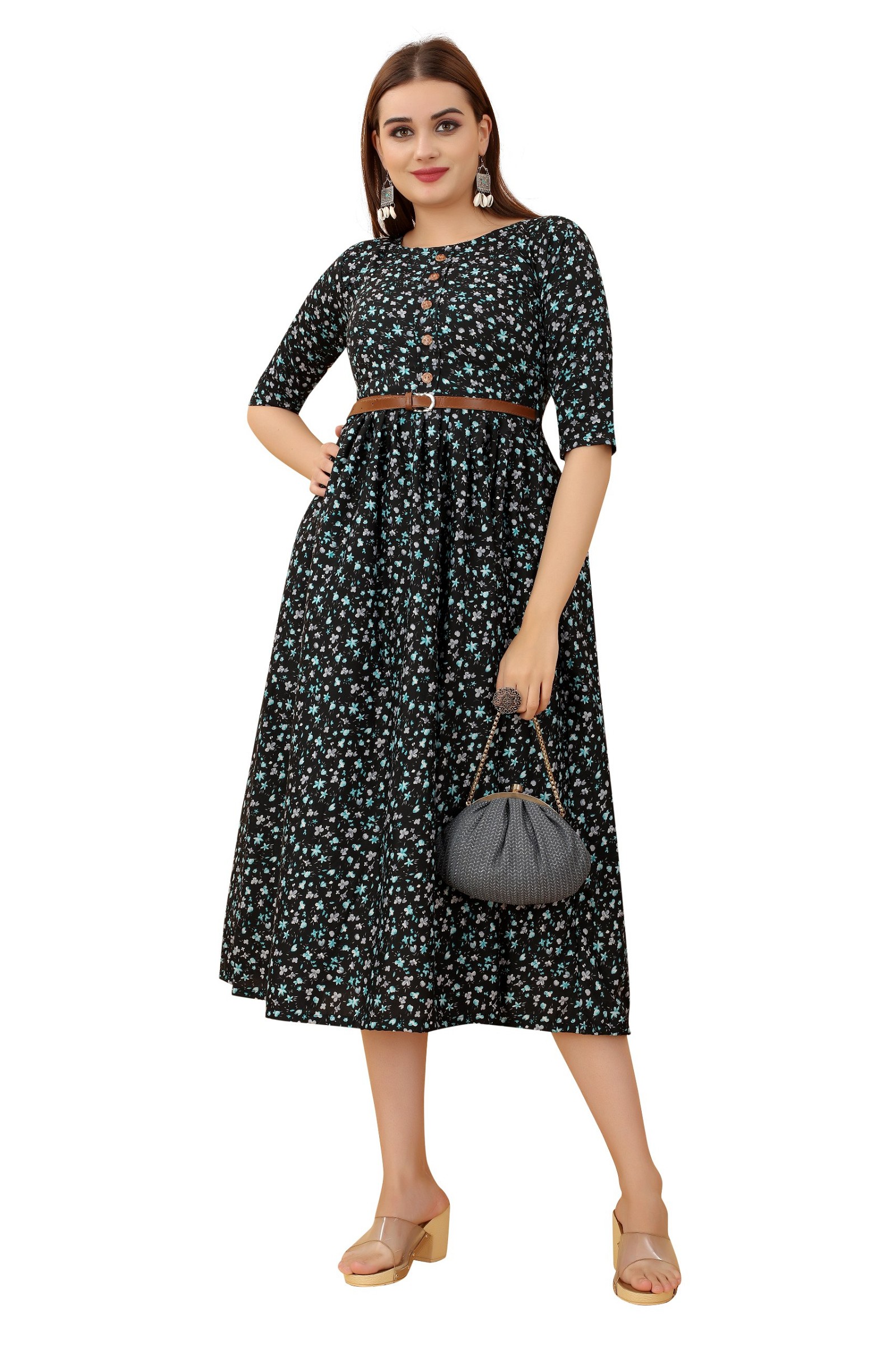 Women's Casual Wear Black Color Printed Crepe Dress