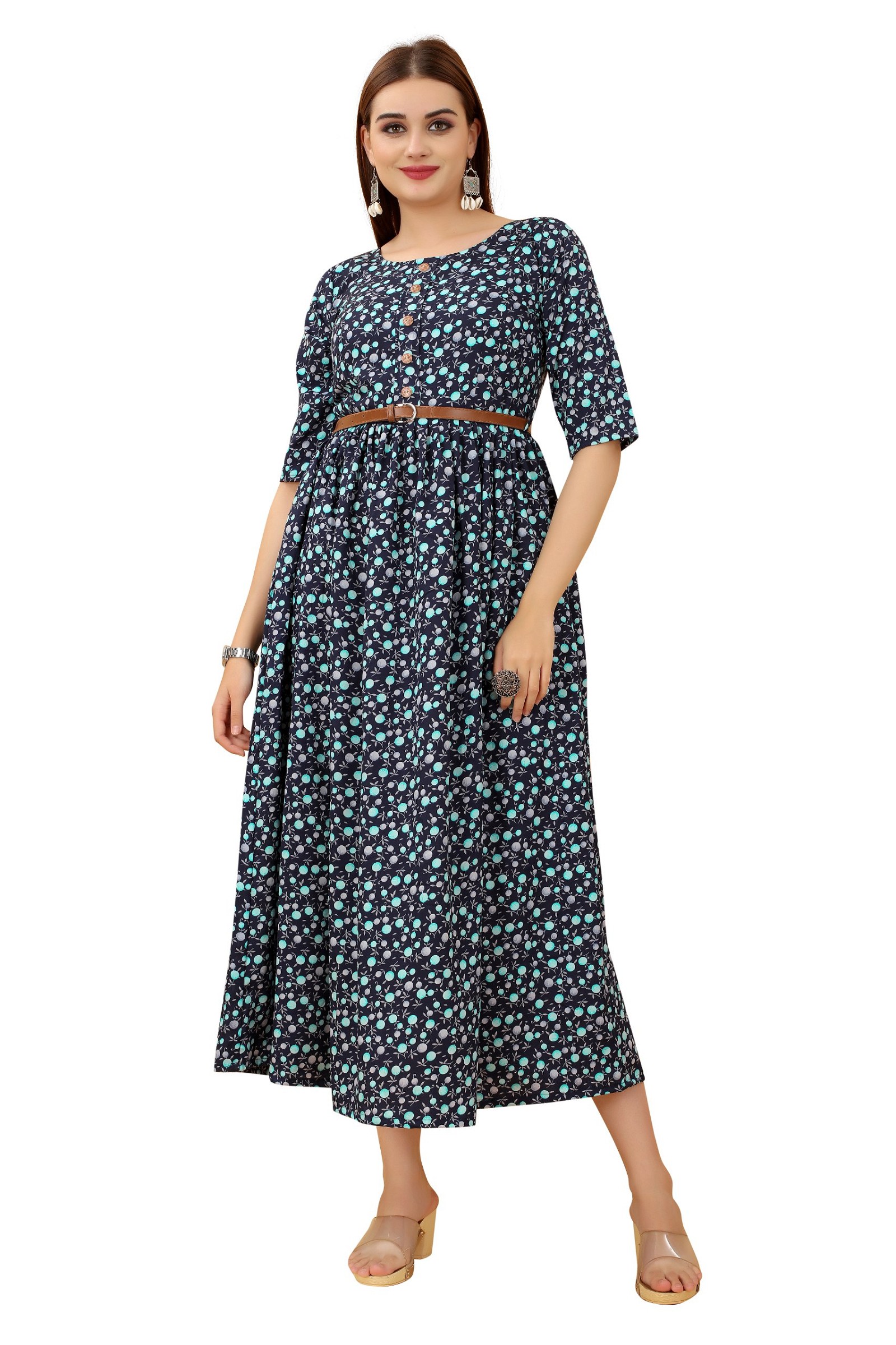 Women's Casual Wear Navy Blue Color Printed Crepe Dress