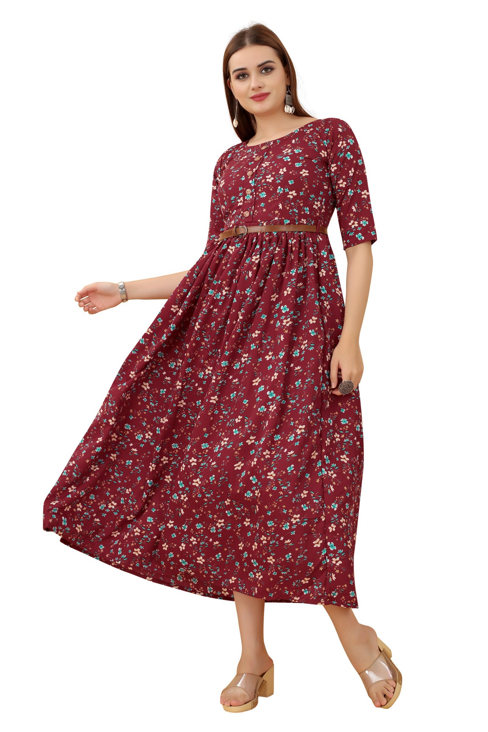 Women's Casual Wear Maroon Color Printed Crepe Dress