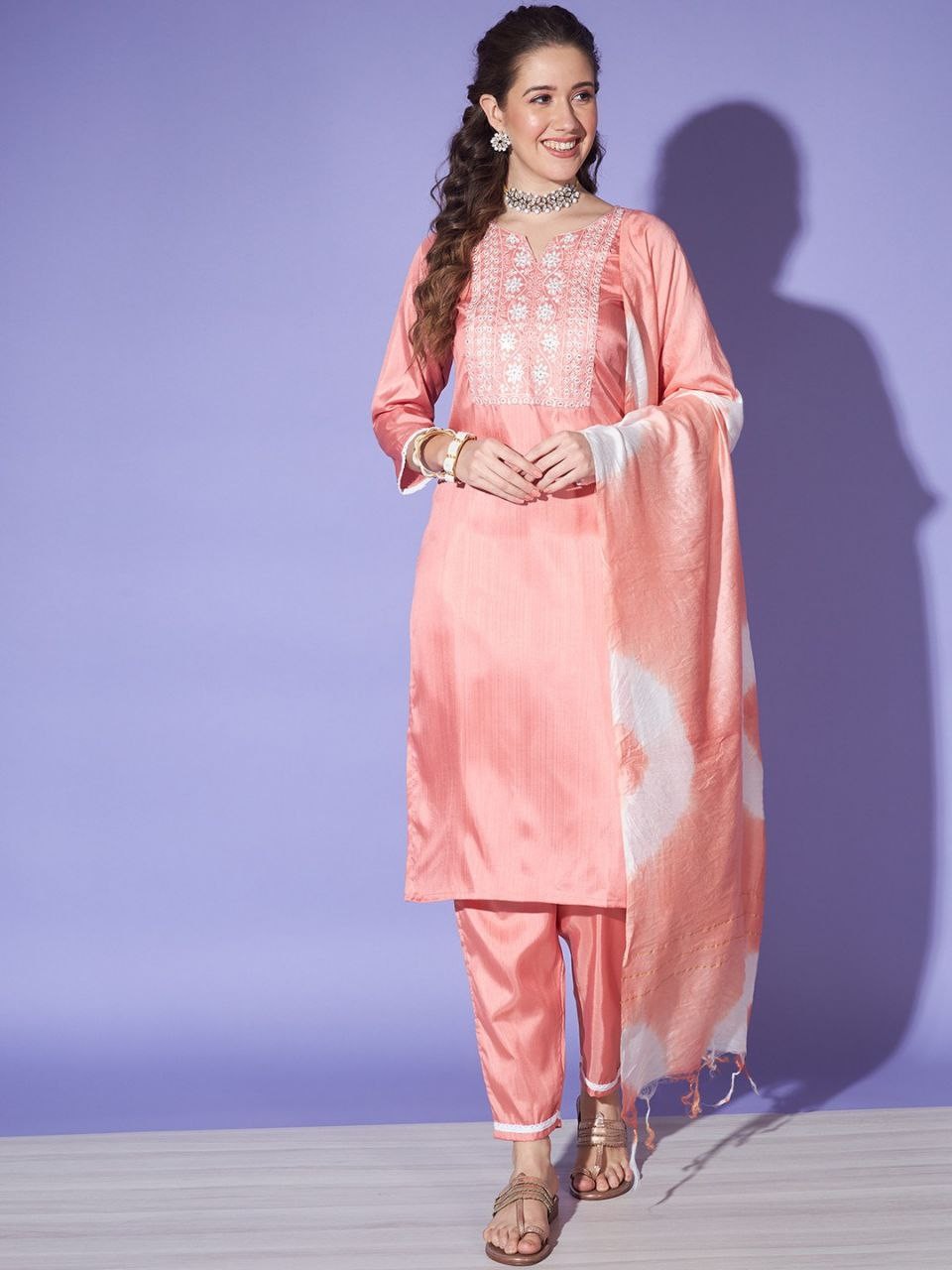 Women's South Silk Peach Kurta Pant With Dupatta Set