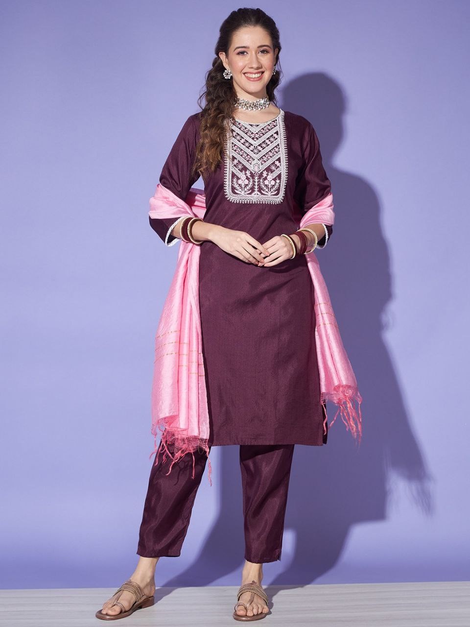 Women's South Silk Wine Kurta Pant With Dupatta Set