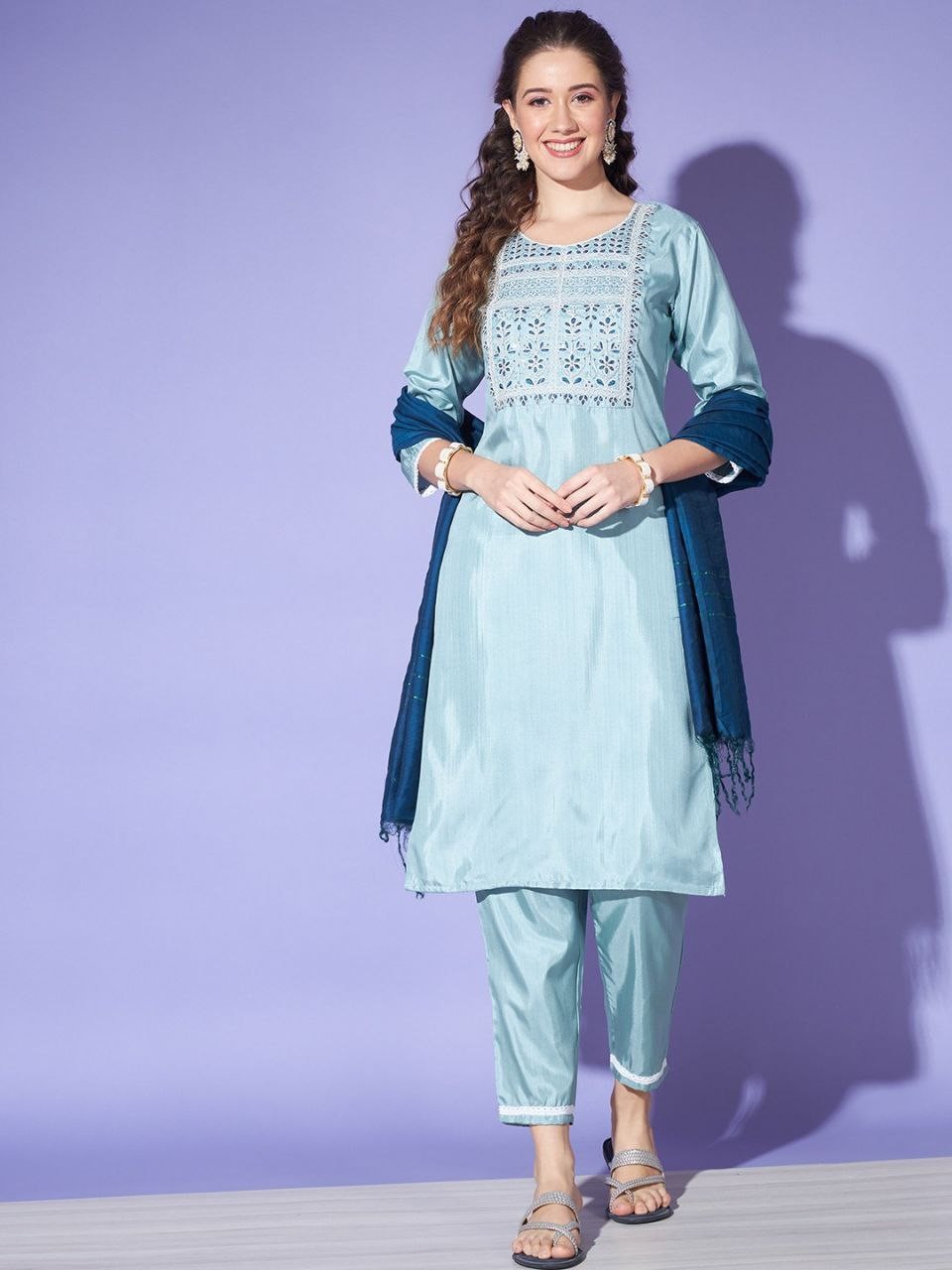 Women's South Silk Blue Kurta Pant With Dupatta Set