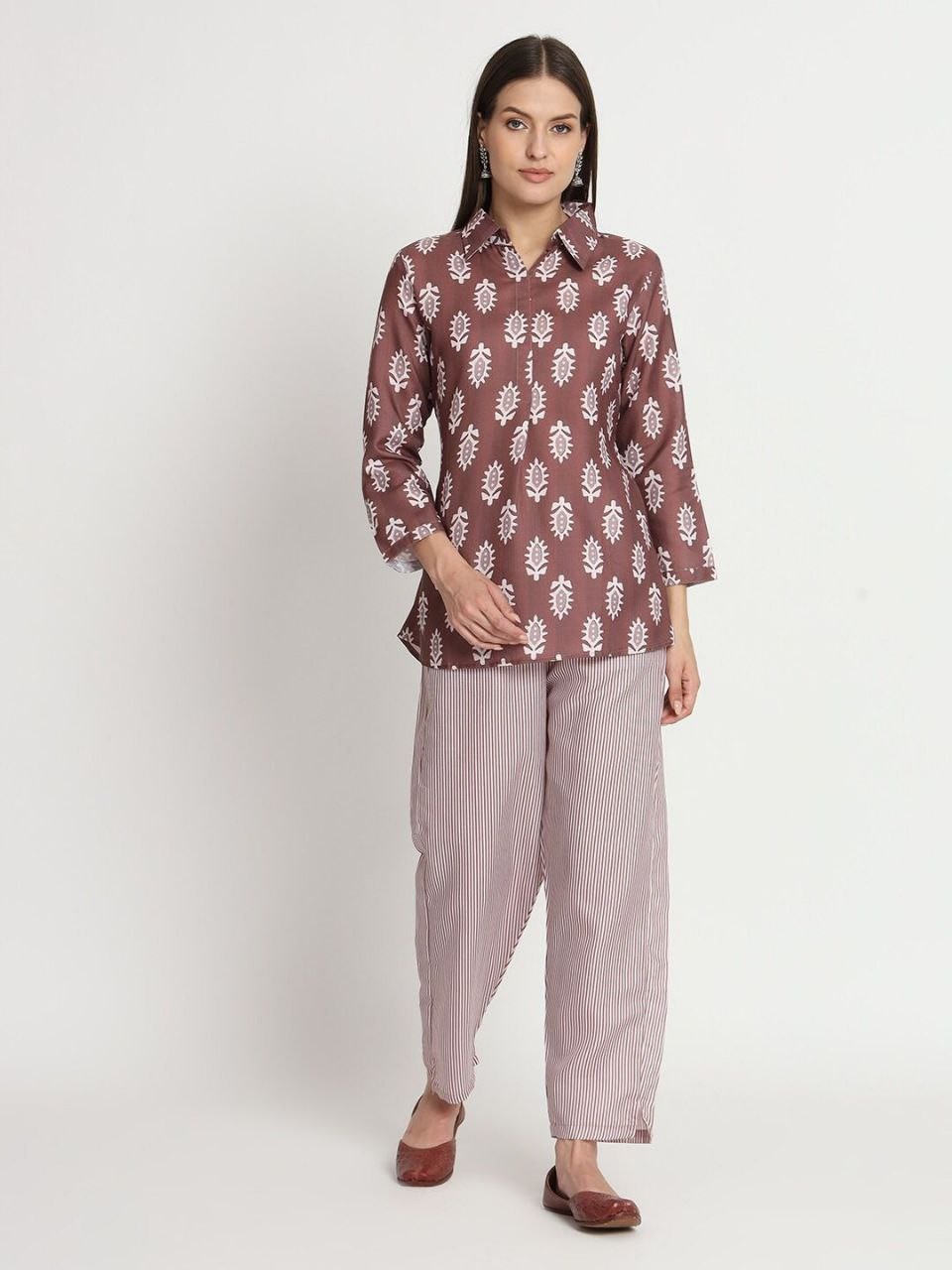 Party Wear Co-ords Set Coffee Colour Cotton Printed