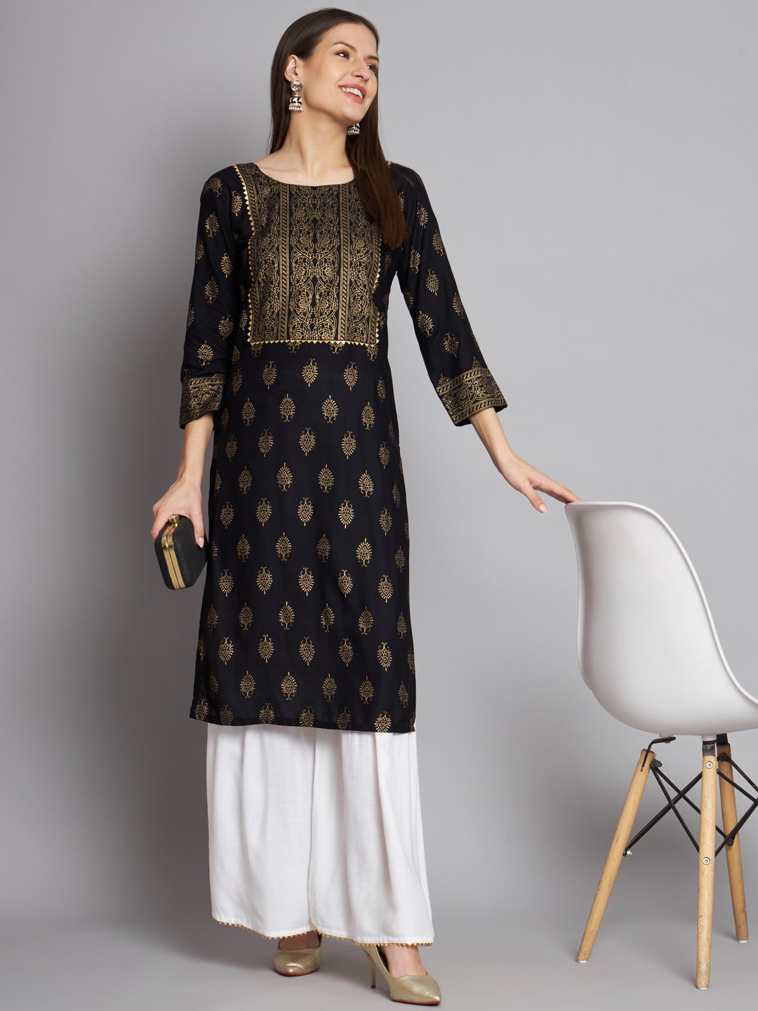 Black Foil Print Party Wear Reyon Kurta Sharara Set