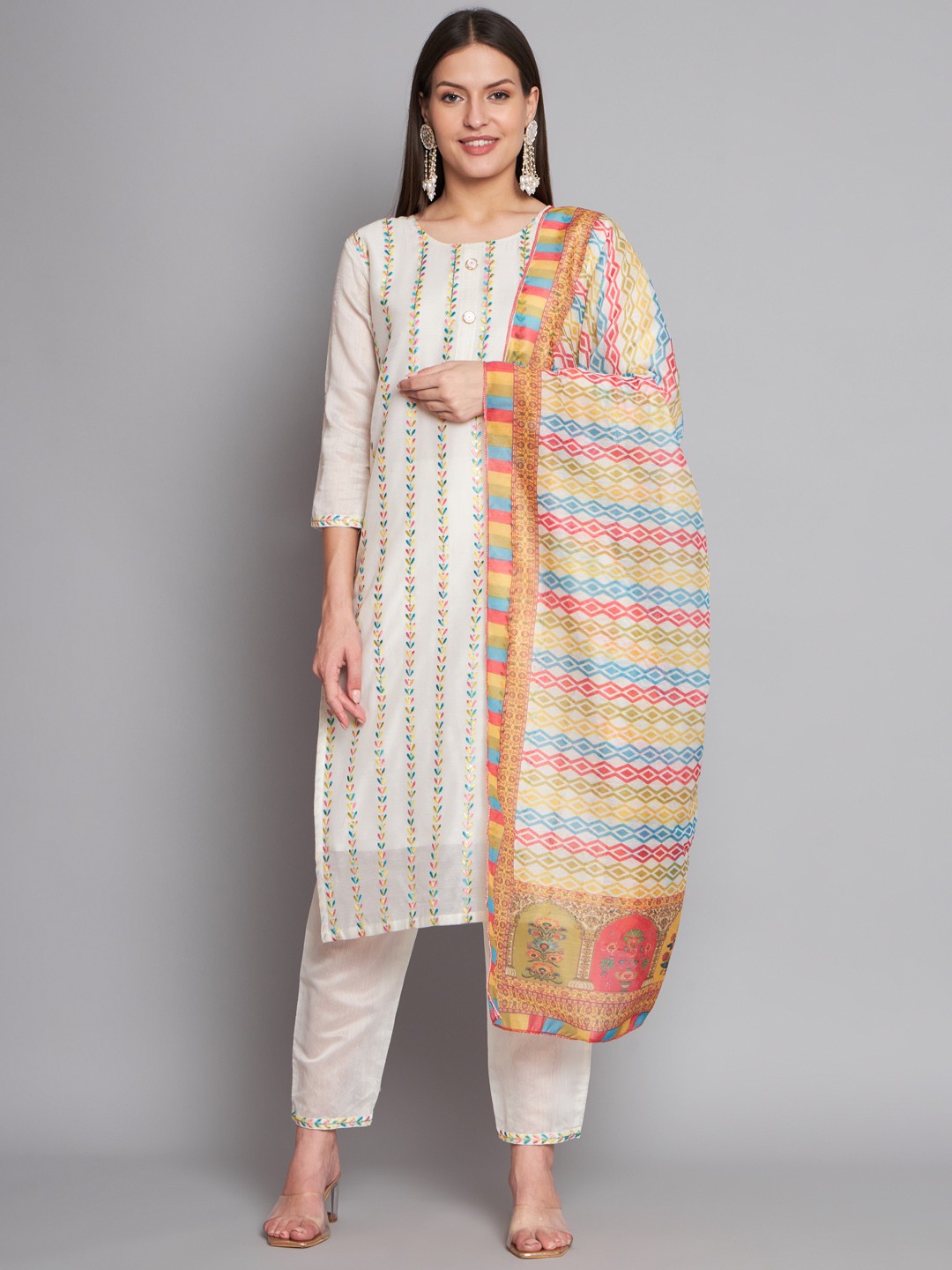 Women's Cotton Silk White Kurta Pant Dupatta Set with Embroidery Sequins and Printed