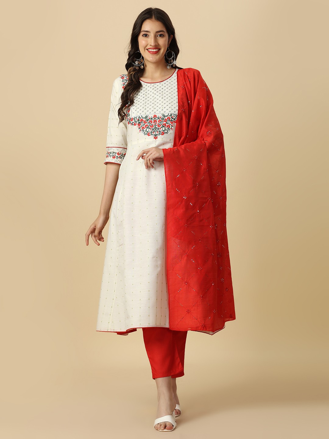 Women's Sequined Embroidered Kurta Pant Dupatta Set in Cool Cotton