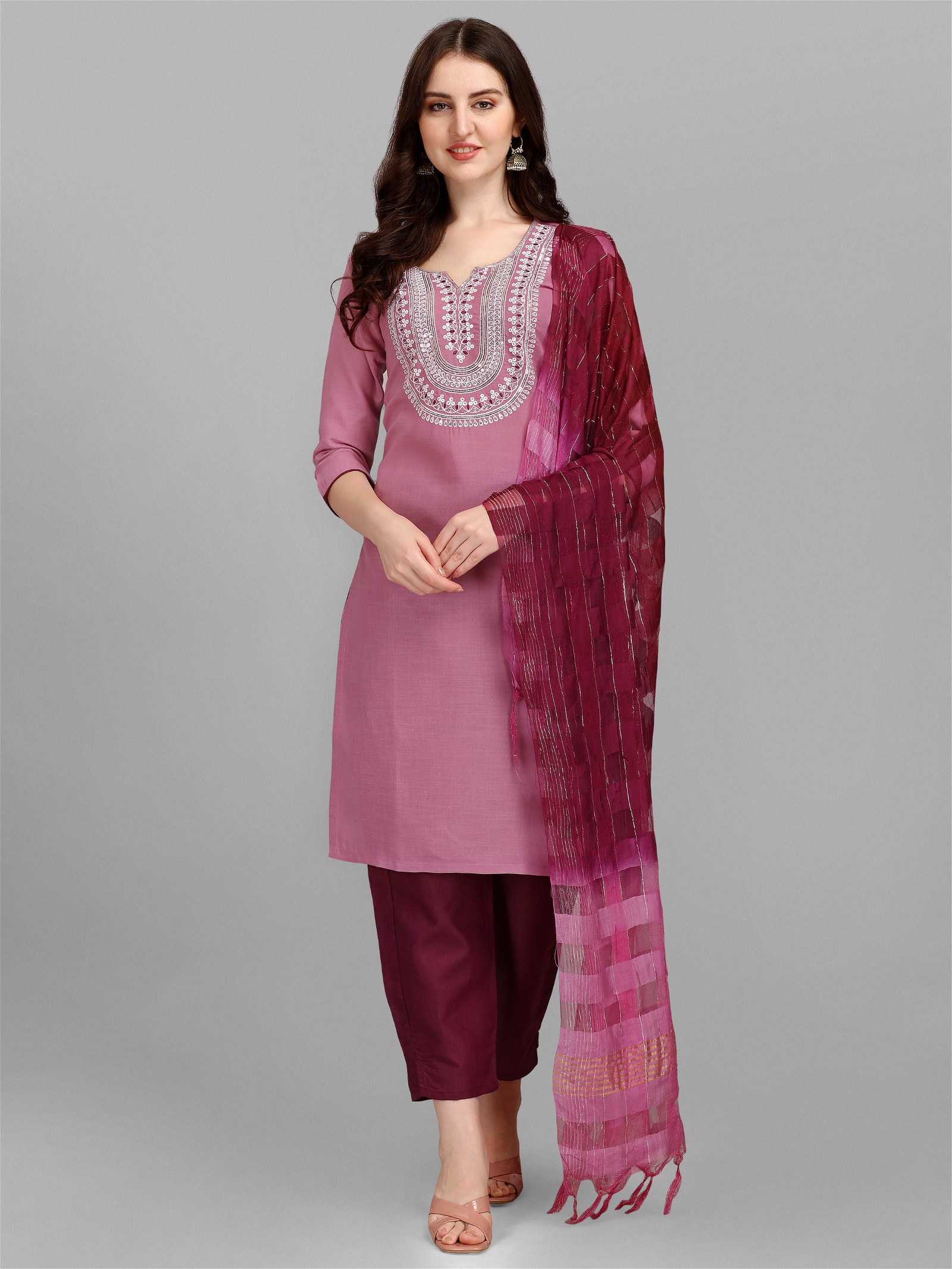 Women's Slub Cotton Purple Embroidery Kurta Pant Dupatta Set