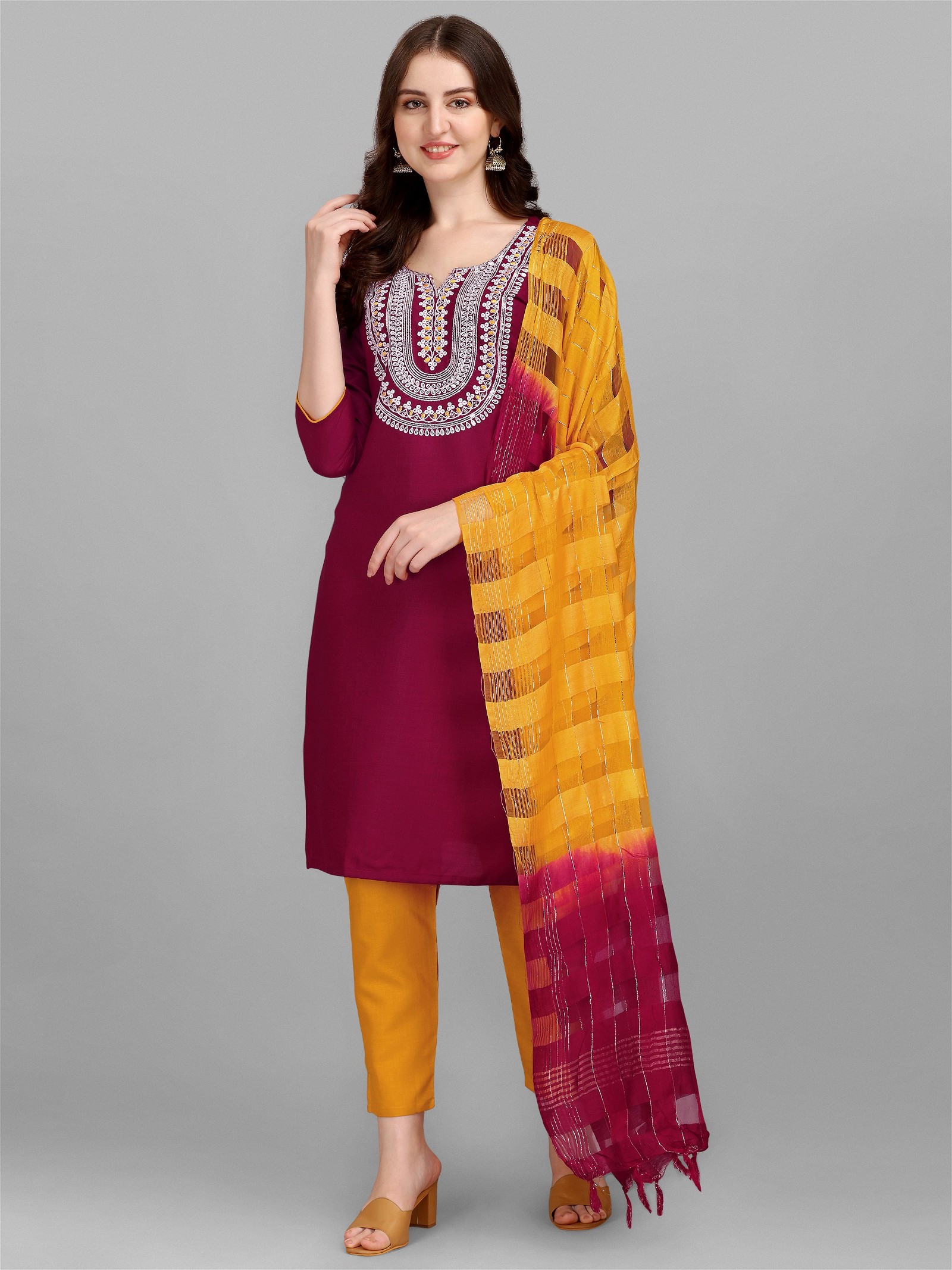 Women's Slub Cotton Wine Embroidery Kurta Pant Dupatta Set