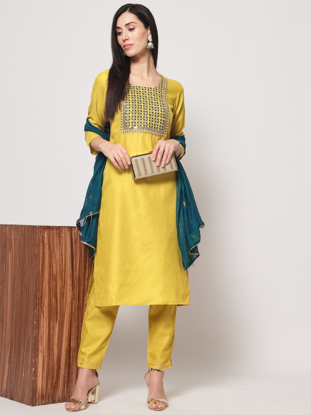 Women's Lemon Cotton Embroidered Casual Wear Kurta Pant Dupatta Set