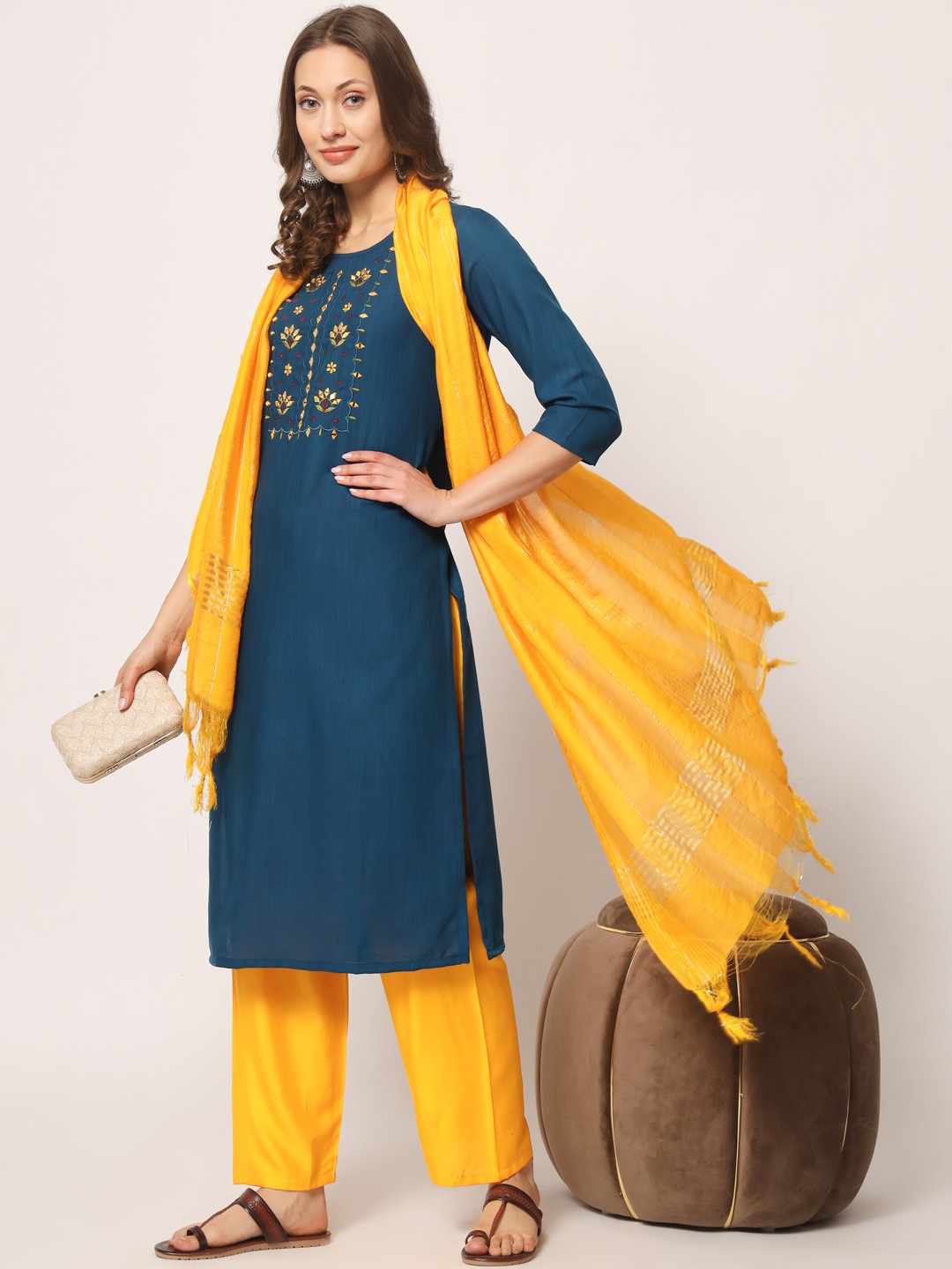 Women's Lemon Cotton Embroidered Casual Wear Kurta Pant Dupatta Set