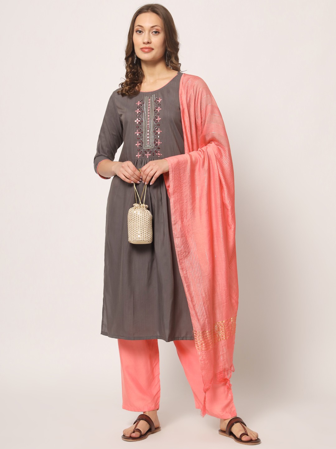 Women's Grey Reyon Embroidery With Mirror Casual Wear Kurta Pant Dupatta Set