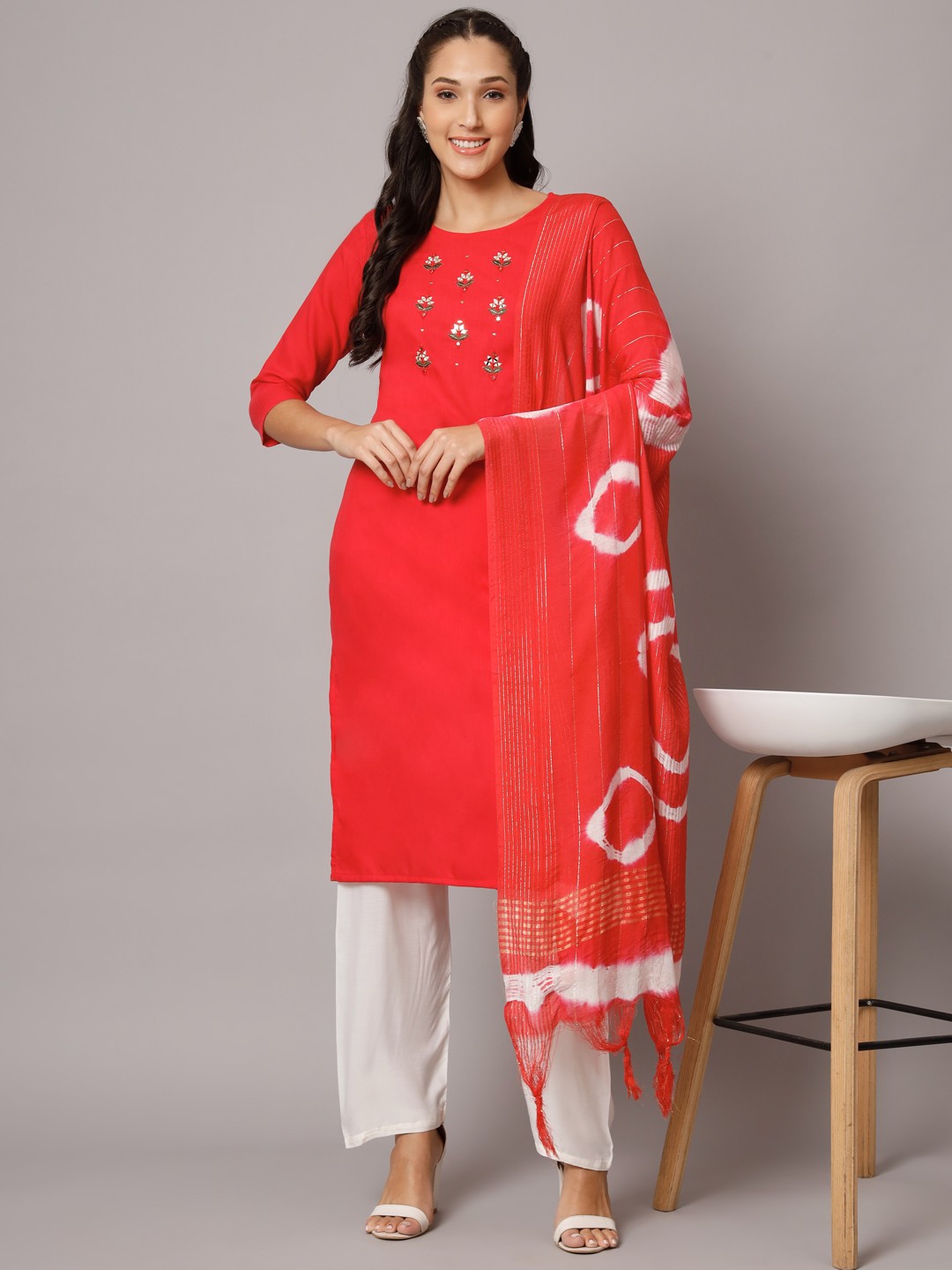 Women's Pink Reyon Embroidery With Mirror Casual Wear Kurta Pant Dupatta Set