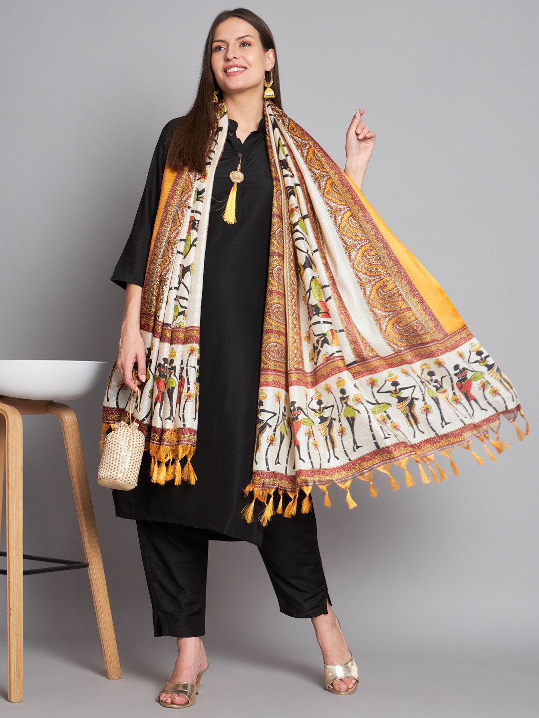 Women's Black Cotton Printed Kurta Pant Set With Dupatta