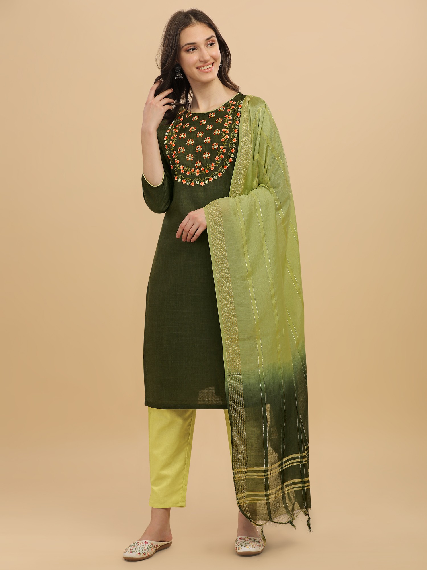 Women's Green Slub Cotton Embroidery Casual Wear Kurta Pant Dupatta Set