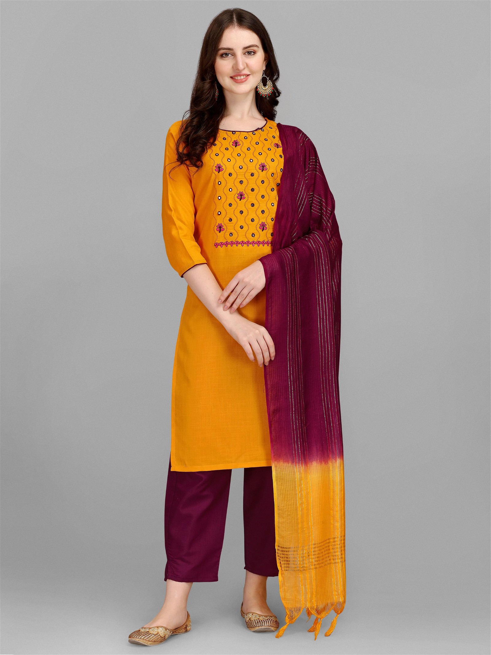 Embroidery Work Yellow Colour Slub Cotton Casual Wear Kurta Pant Dupatta Set For Women's