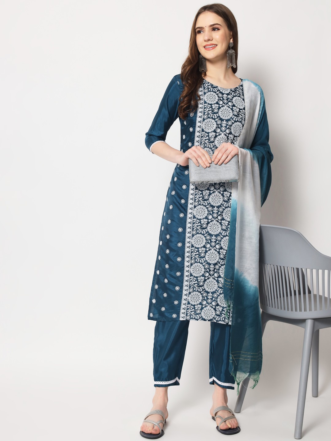 Embroidery Work Blue Colour South Silk Casual Wear Kurta Pant Dupatta Set For Women's