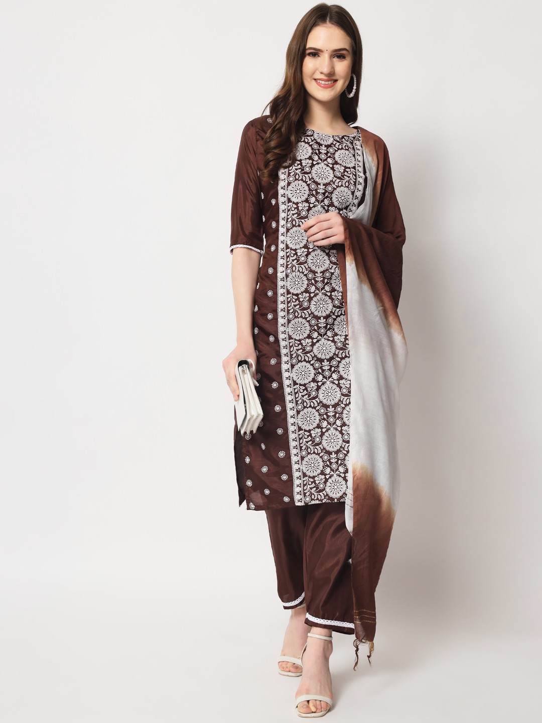 Coffee Colour Embroidery Work South Silk Casual Wear Kurta Pant Dupatta Set For Women's