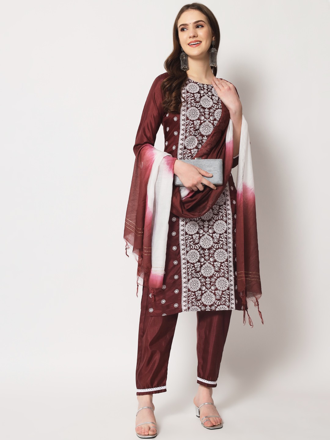 Embroidery Work Maroon Colour South Silk Casual Wear Kurta Pant Dupatta Set For Women's