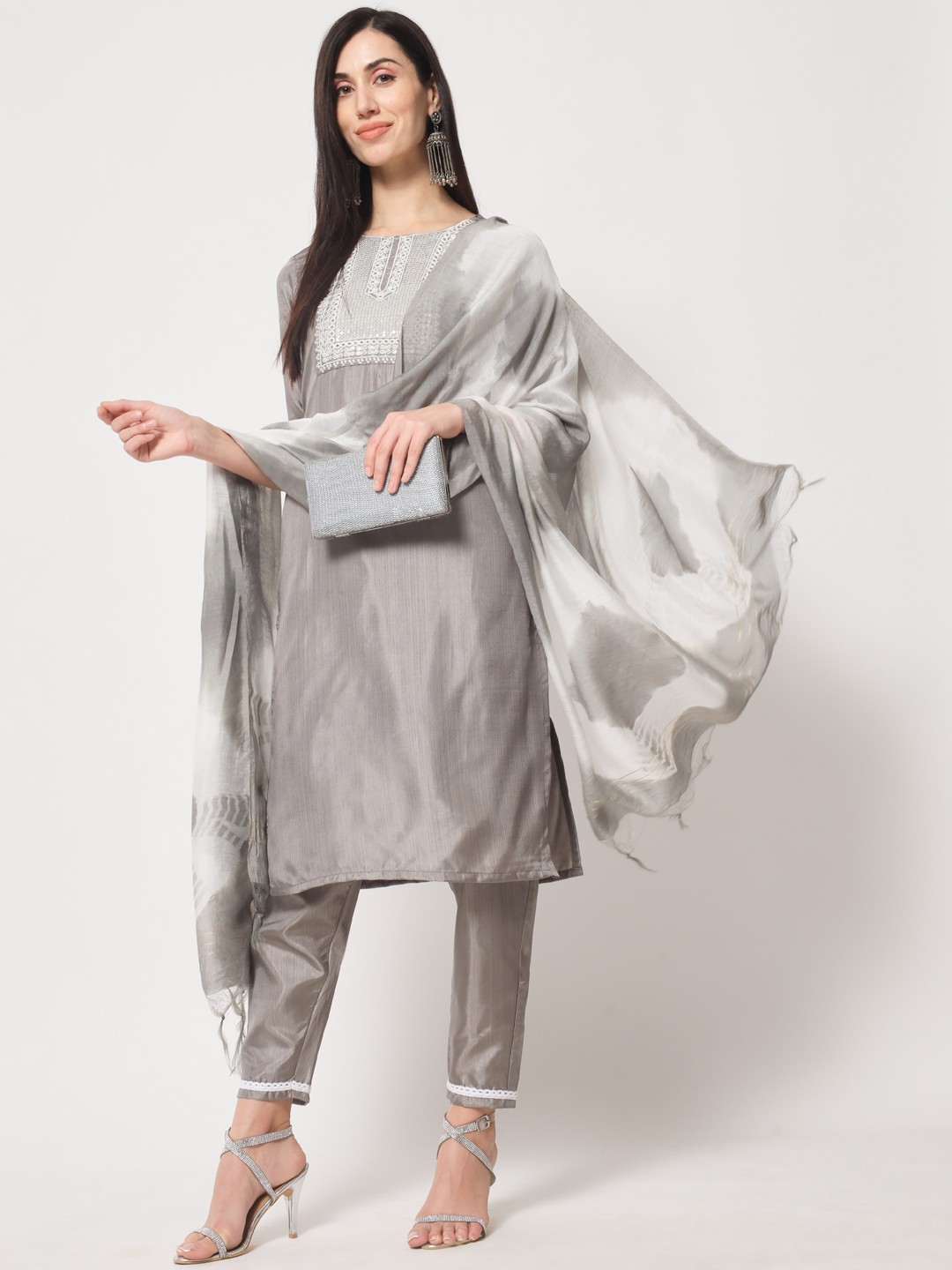 Embroidery Work Grey Colour South Silk Casual Wear Kurta Pant Dupatta Set For Women's