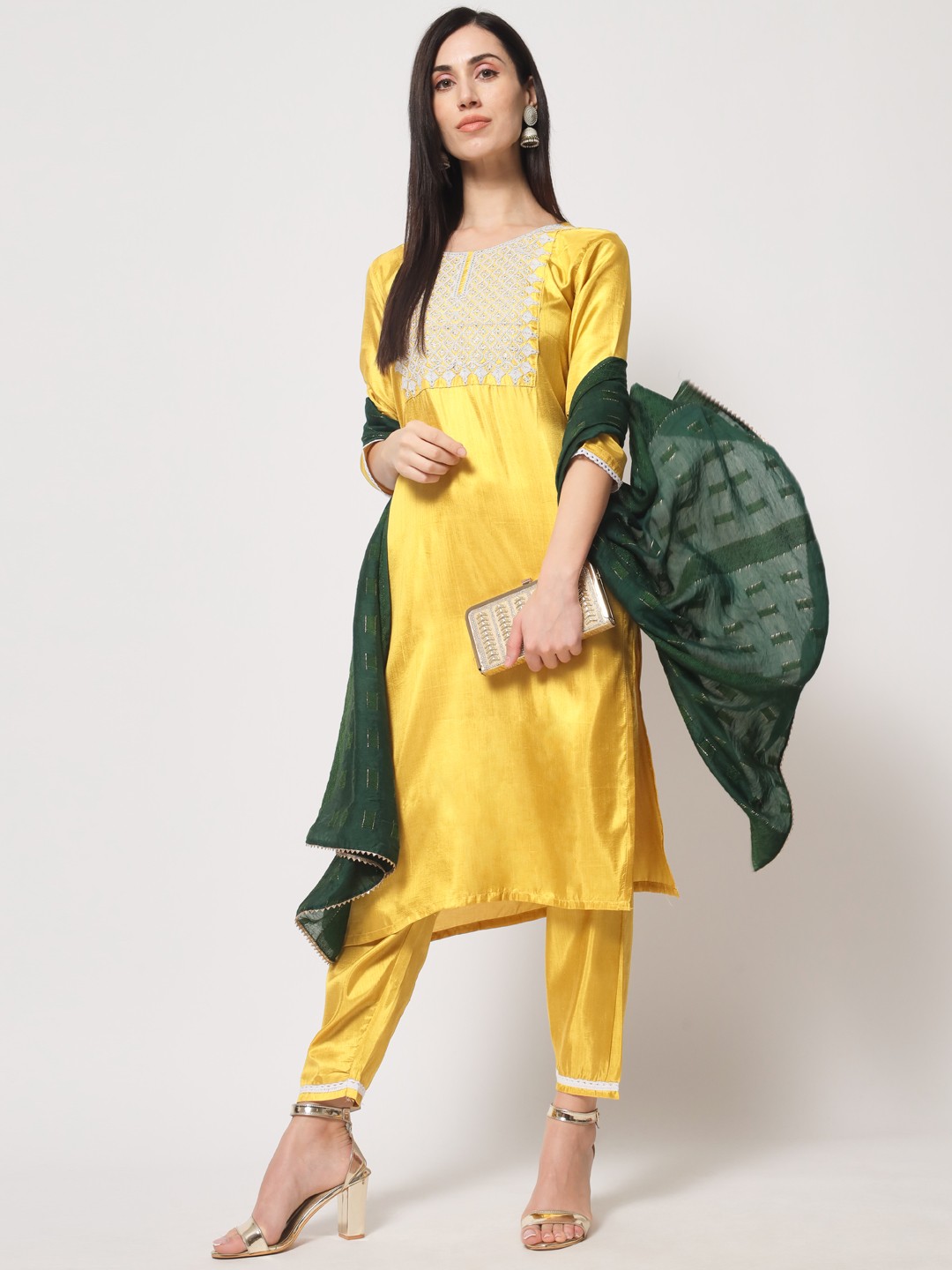 Embroidery Work Lemon Colour South Silk Casual Wear Kurta Pant Dupatta Set For Women's