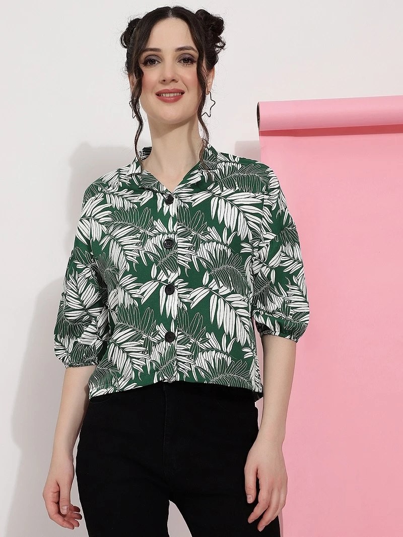 Green Colour Crepe Printed Casual Wear Shirt For Women