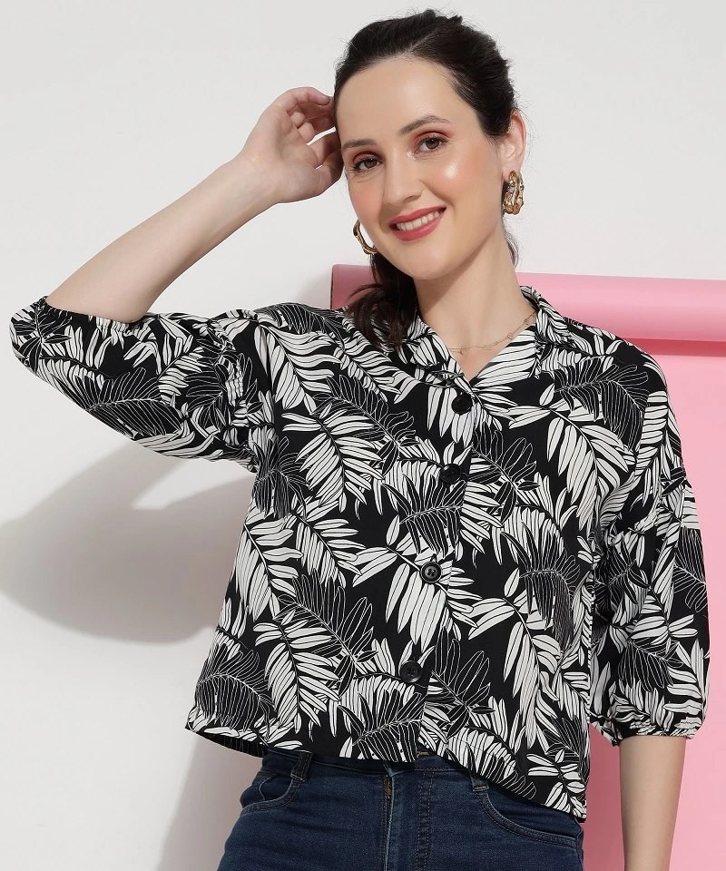 Casual Wear Black Colour Crepe Printed Shirt For Women