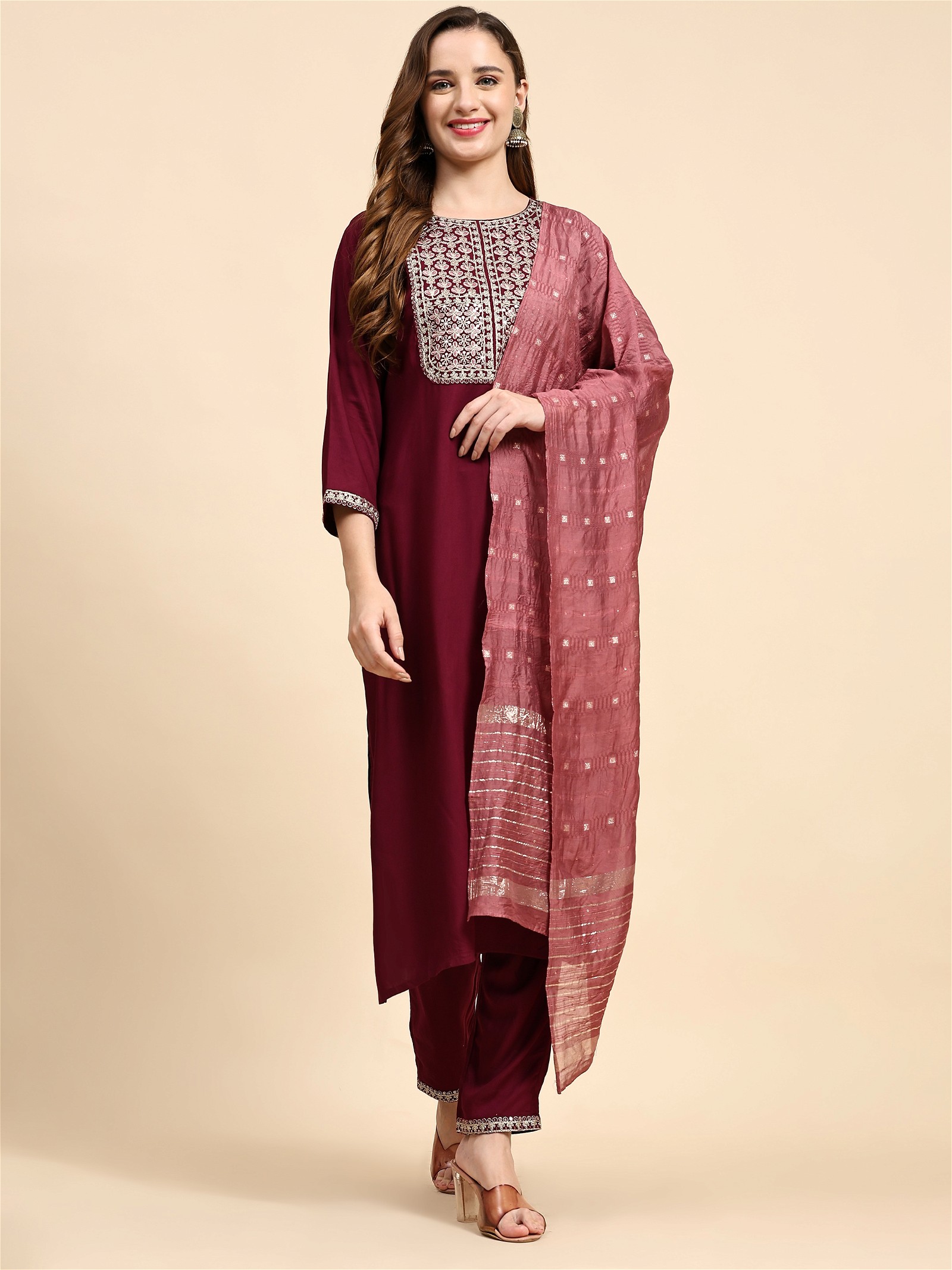 Party Wear Kurta Pant Dupatta Set for Women in Embroidered Silk Blend (Maroon)