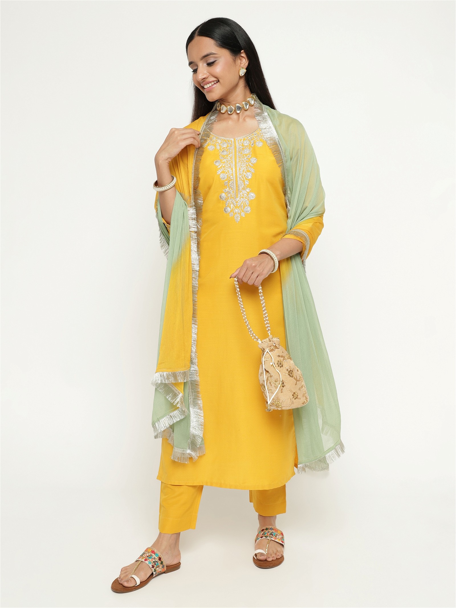 Embroidery Work Yellow Colour Blend Silk Party Wear Kurta Pant Dupatta Set For Women's