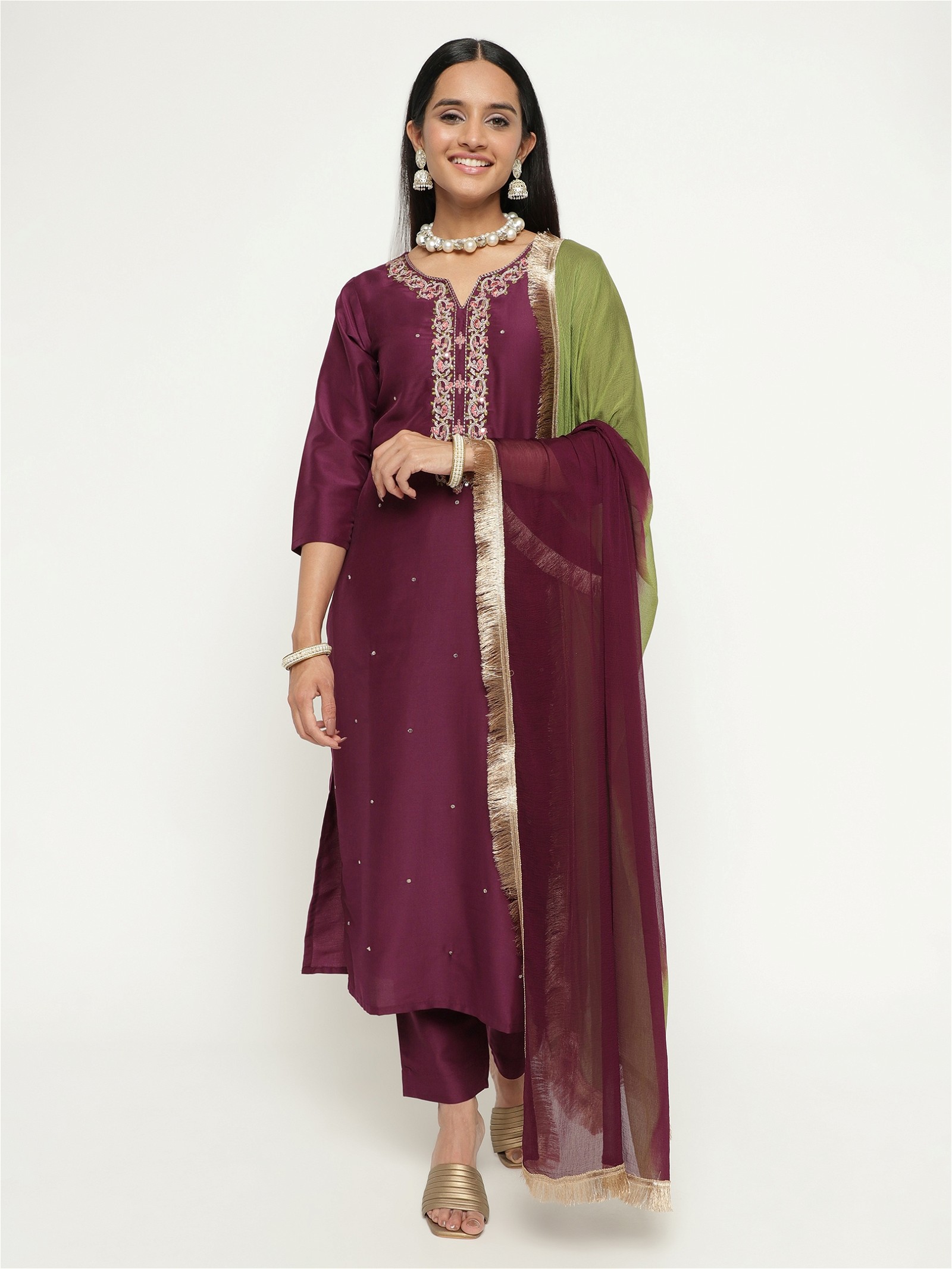 Embroidery Work Wine Colour Blend Silk Party Wear Kurta Pant Dupatta Set For Women's