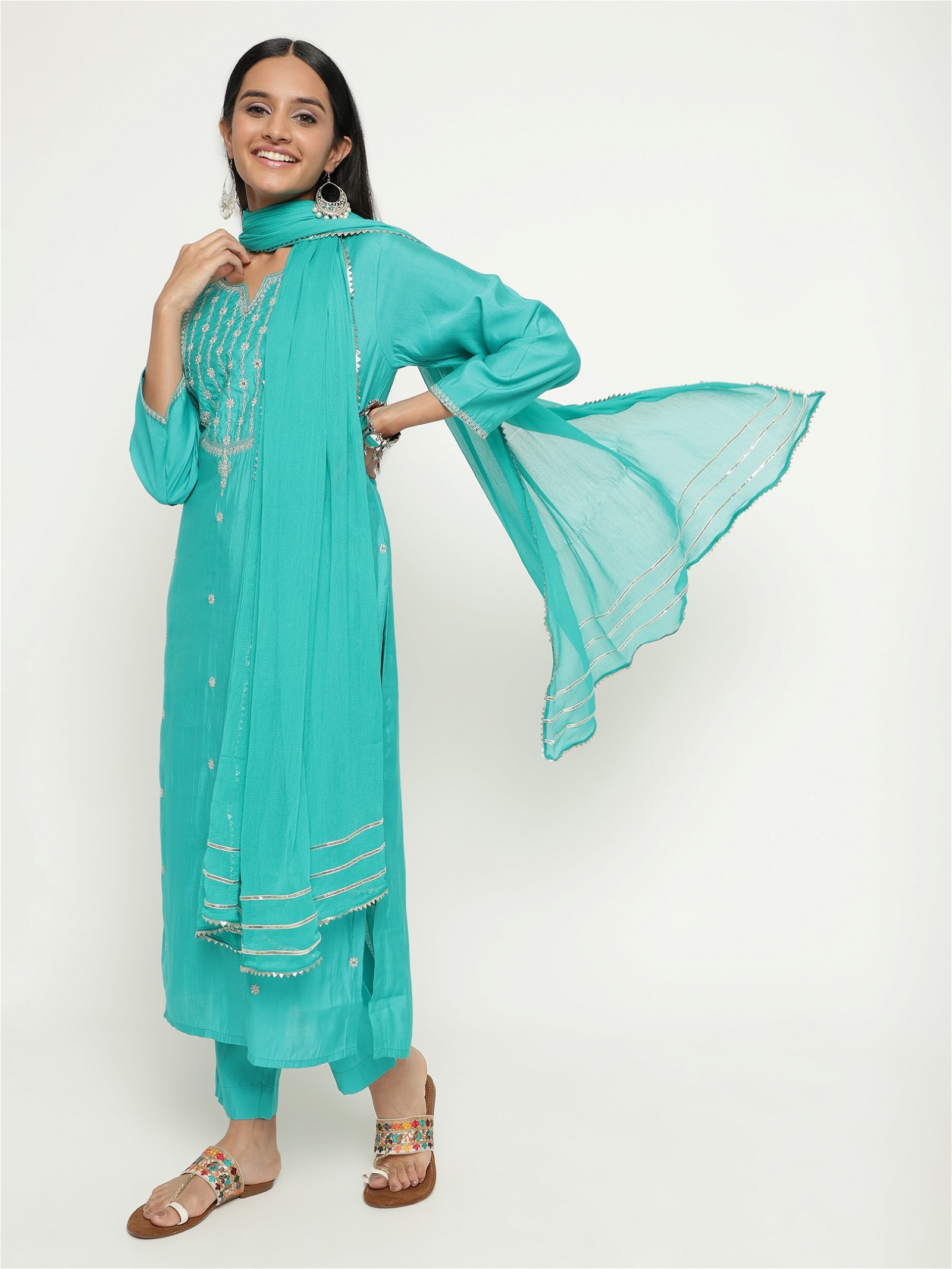 Embroidery Work Aqua Colour Blend Silk Party Wear Kurta Pant Dupatta Set For Women's