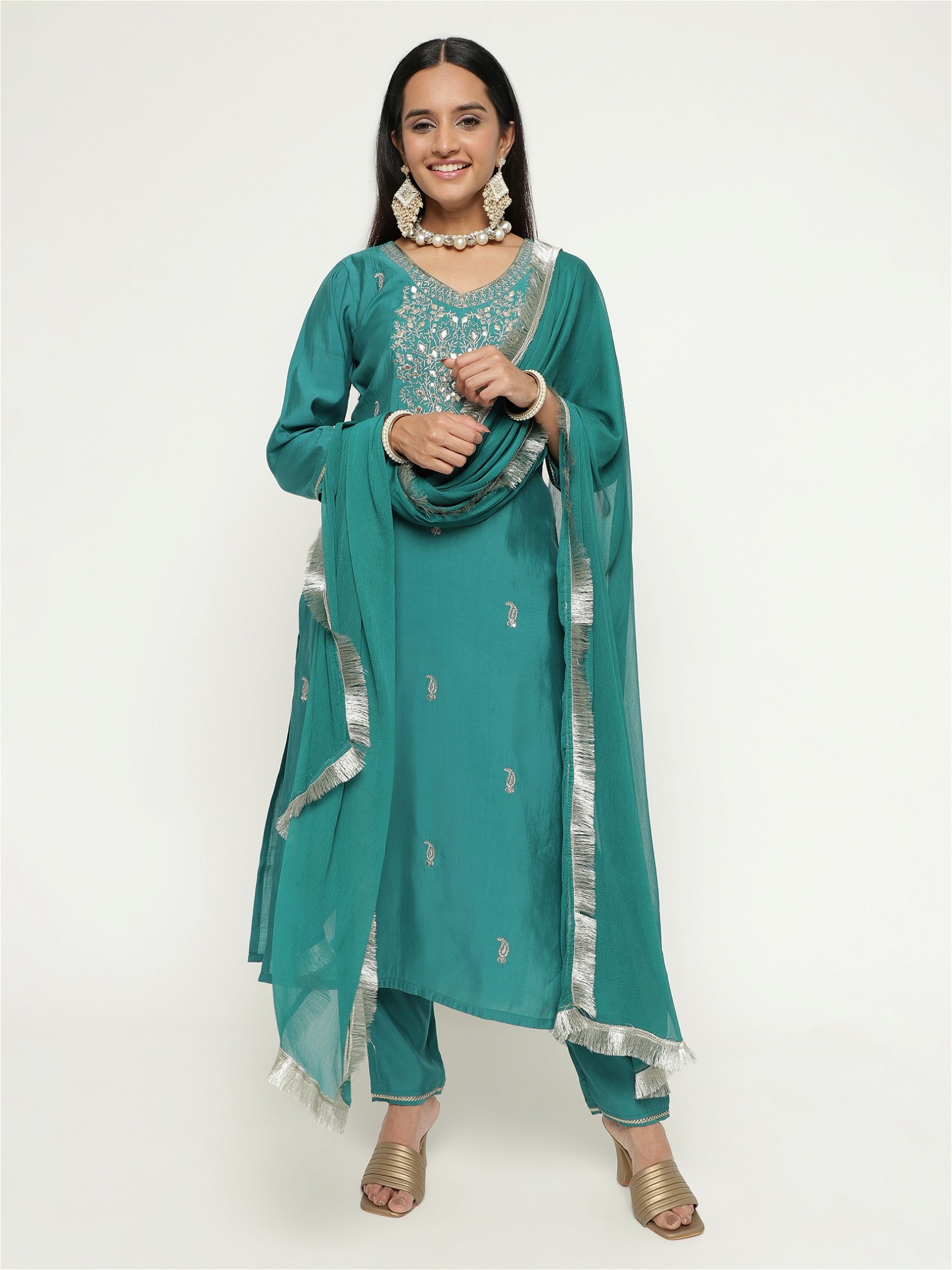 Party Wear Kurta Pant Dupatta Set in Embroidered Blend Silk for Women