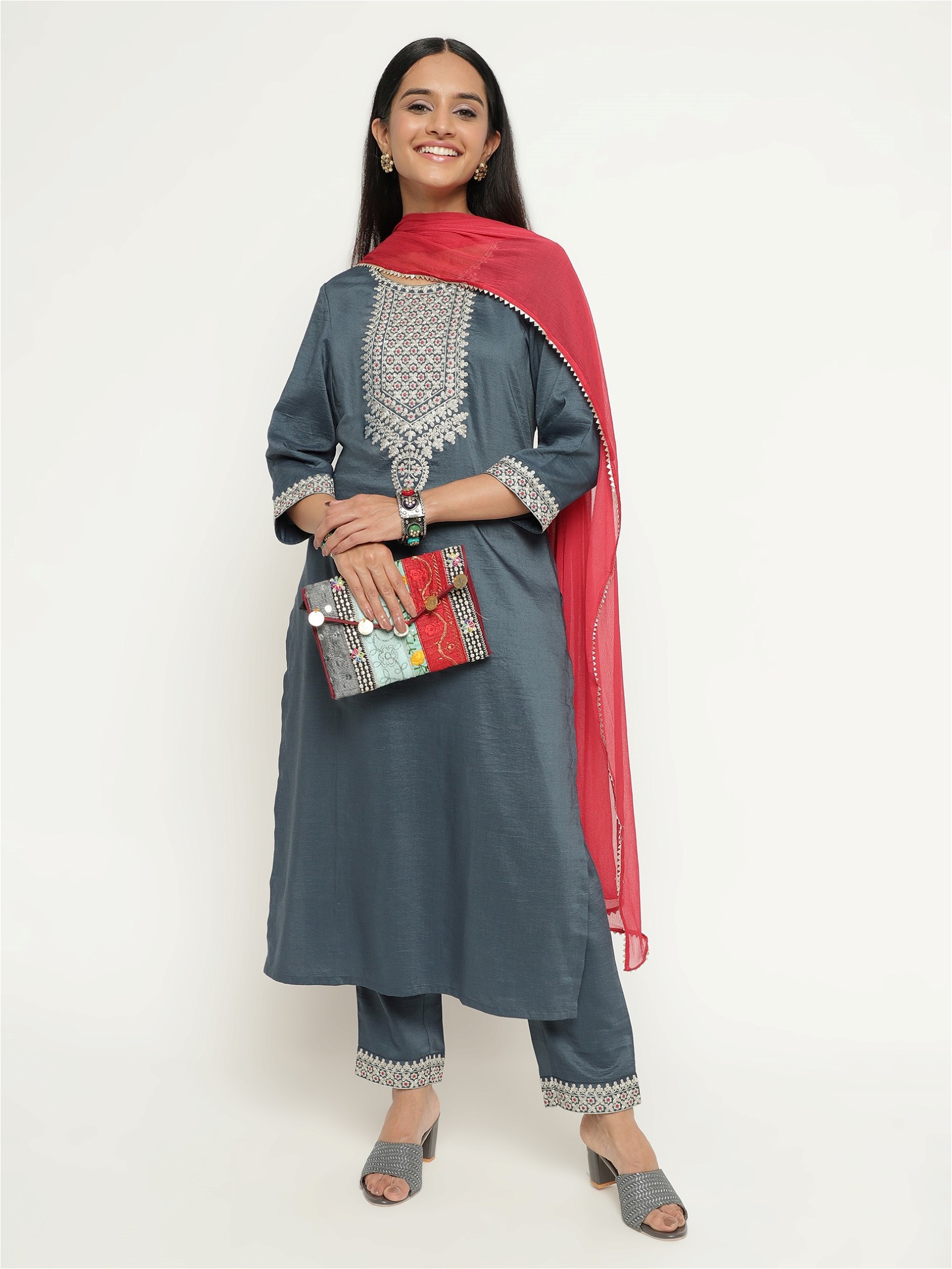 Embroidery Work Grey Colour Blend Silk Party Wear Kurta Pant Dupatta Set For Women's