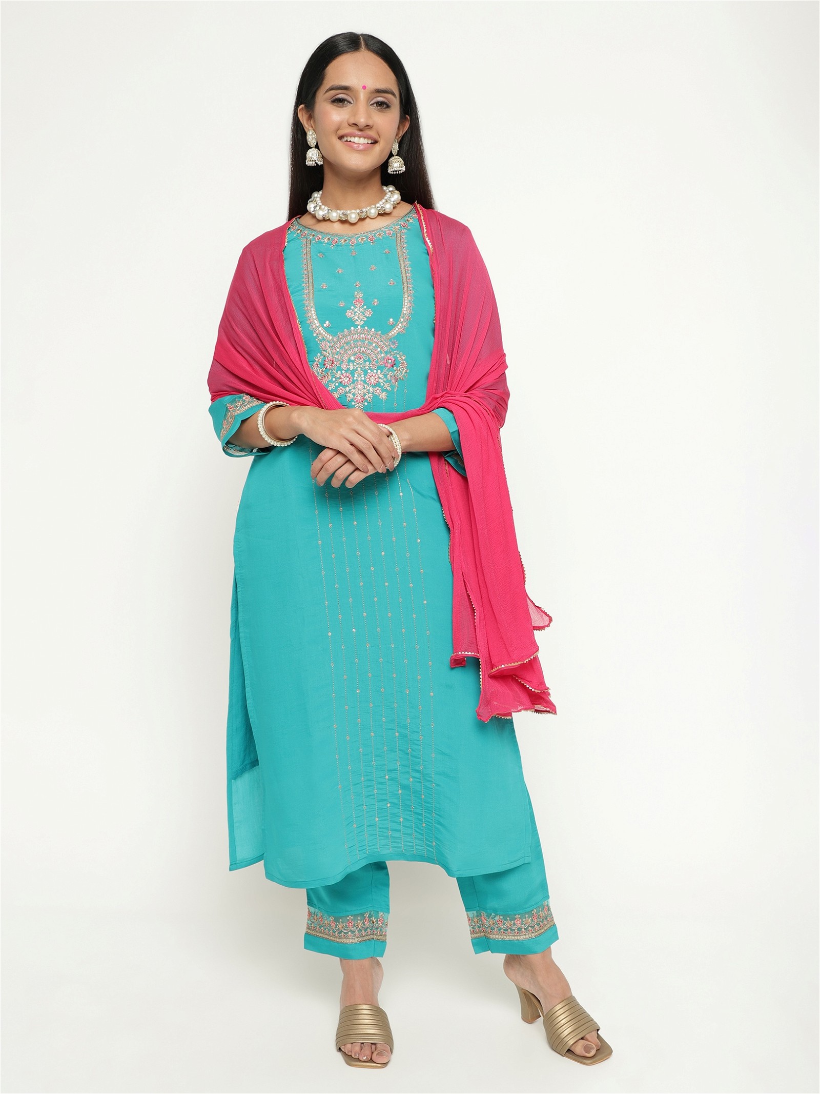 Embroidery Work Aqua Colour Blend Silk Party Wear Kurta Pant Dupatta Set For Women's