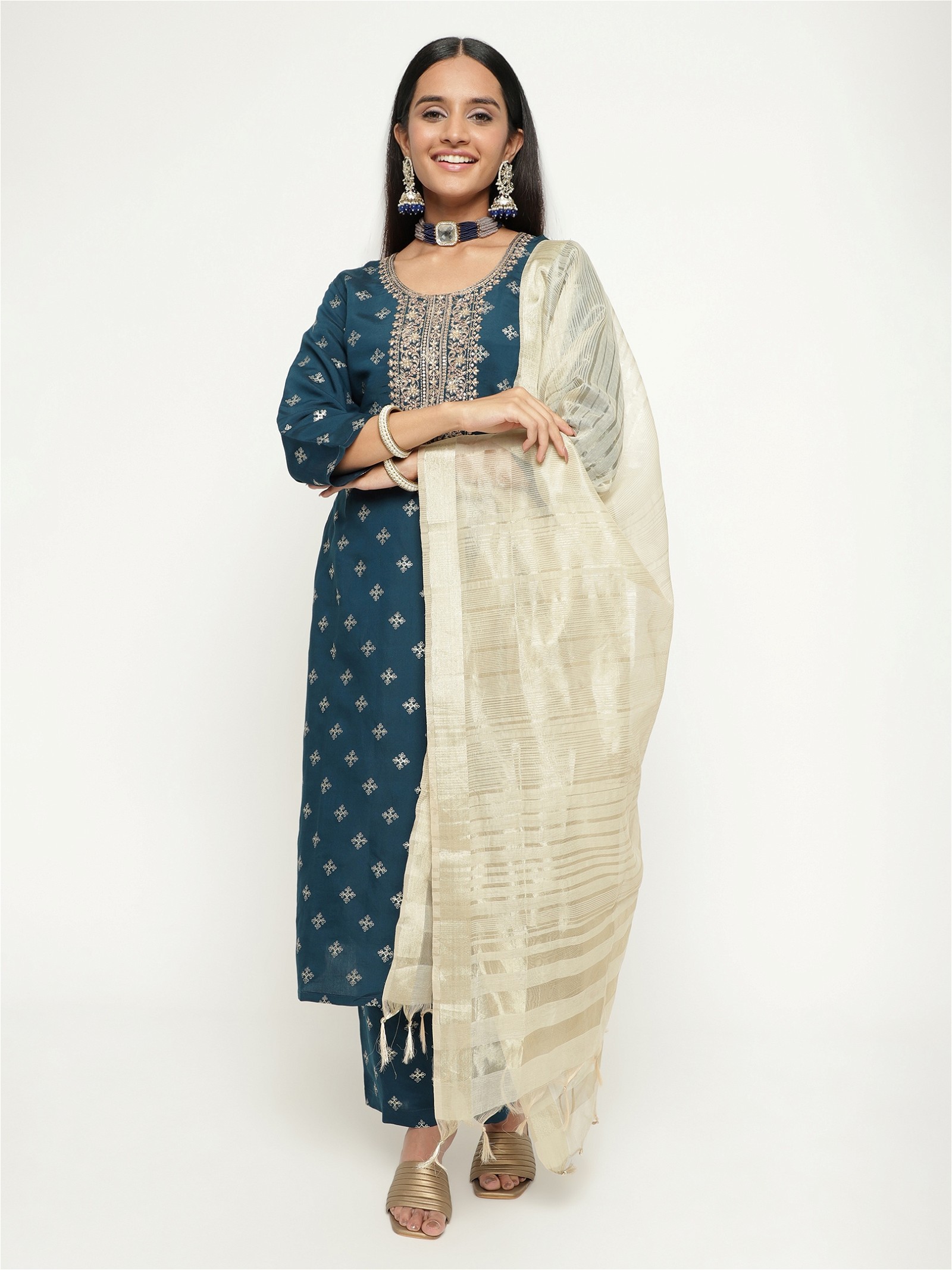 Party Wear Silk Blend Kurta Set with Embroidery for Women - Blue Color, Kurta, Pant & Dupatta