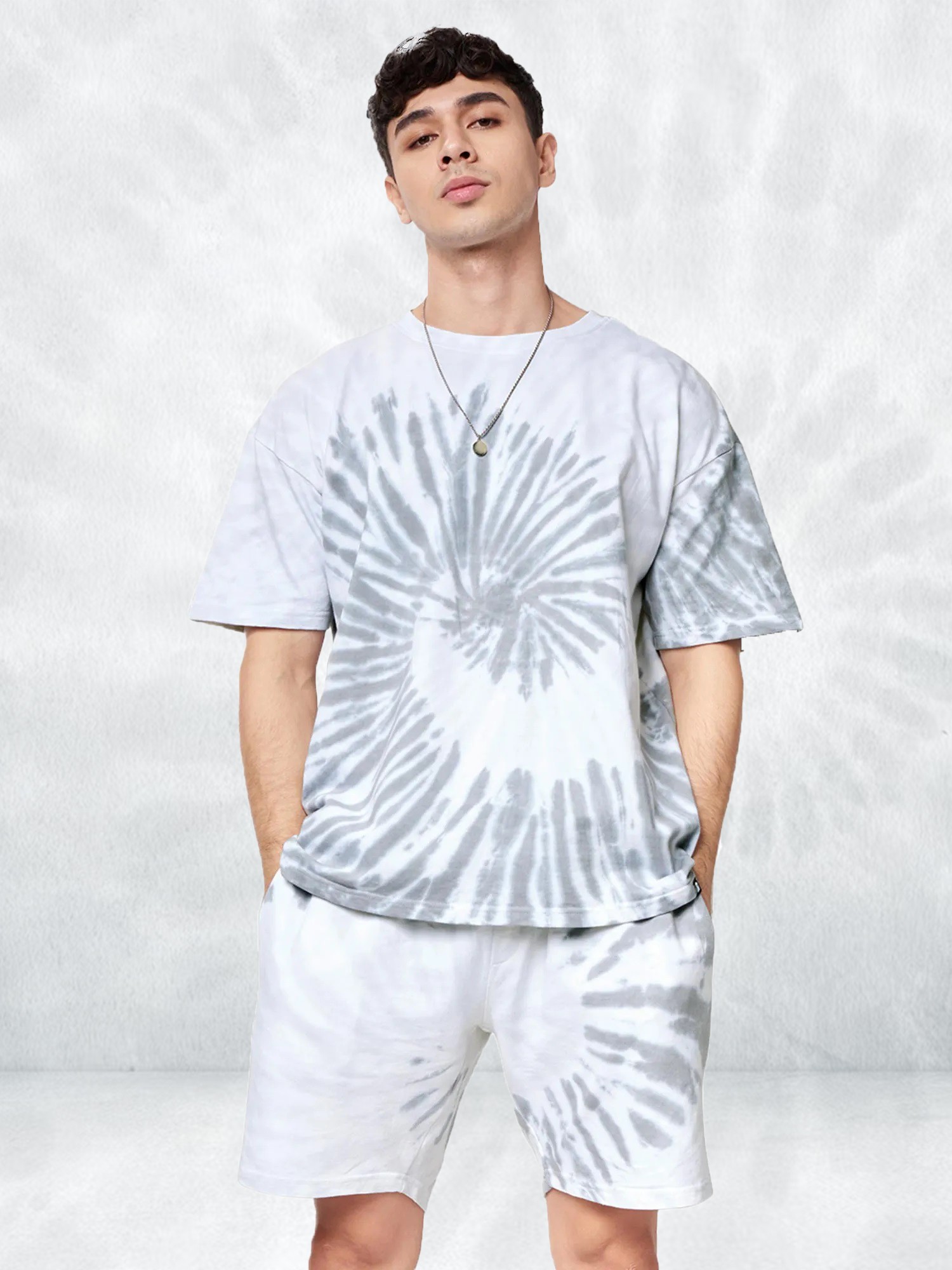 Oversize Men's Co Ord Set White And Grey Tie And Dye Stylish