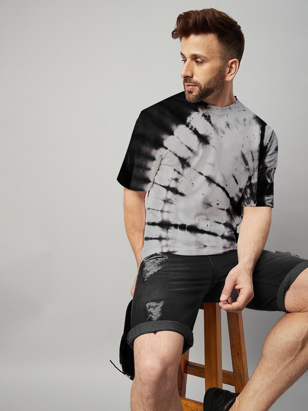 For Men Oversize Black And Grey Tie And Die T-shirt