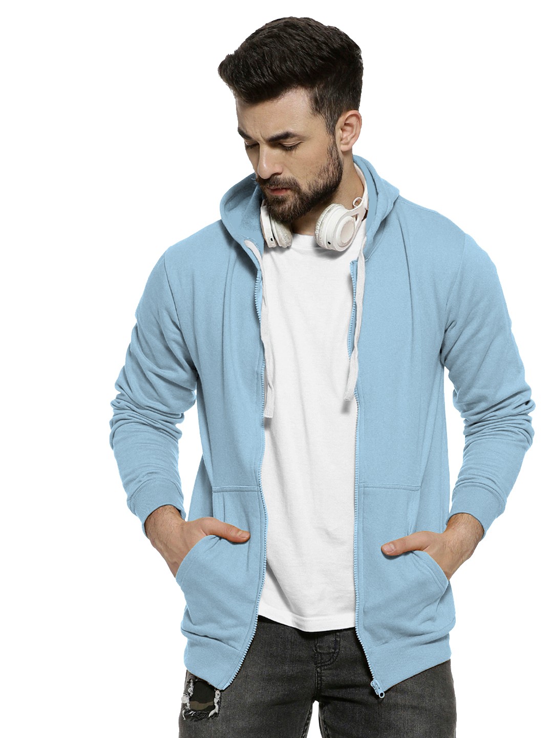 Premium Cyan Colour Zip Hoodie For Men